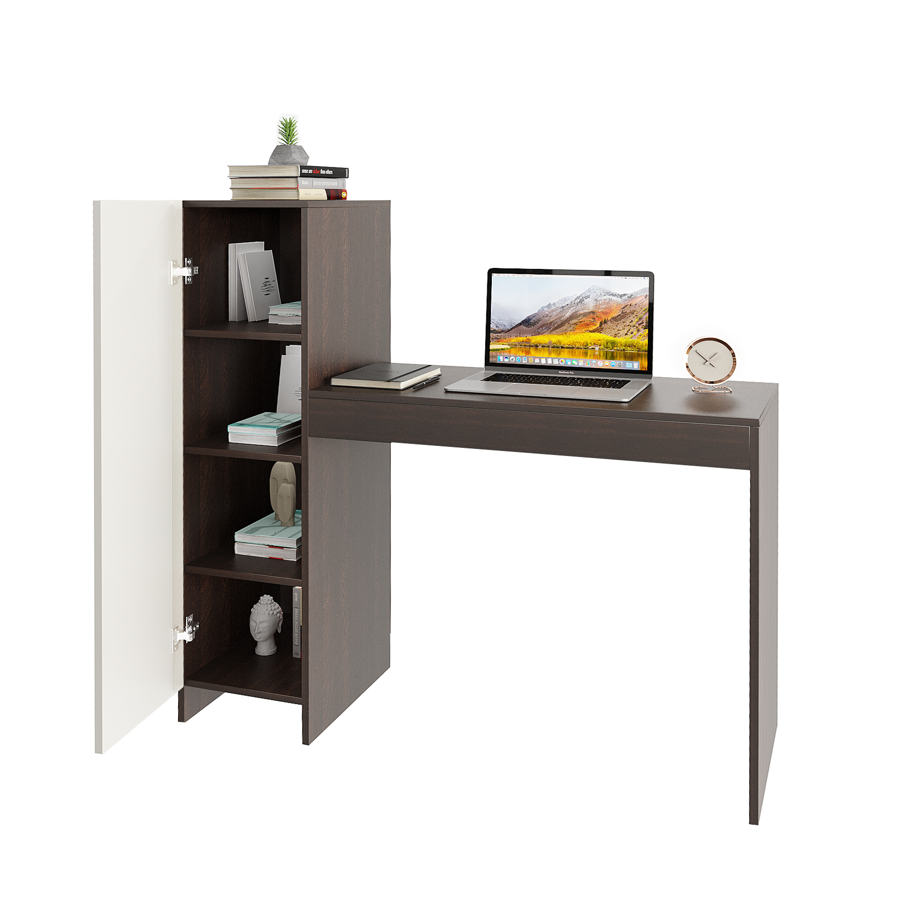 WOODWIDER Maria Wooden Study Table, Workstation, Computer, Laptop, WFH Office Desk, Gaming Table with Side Bookshelf Storage (Wenge & White)
