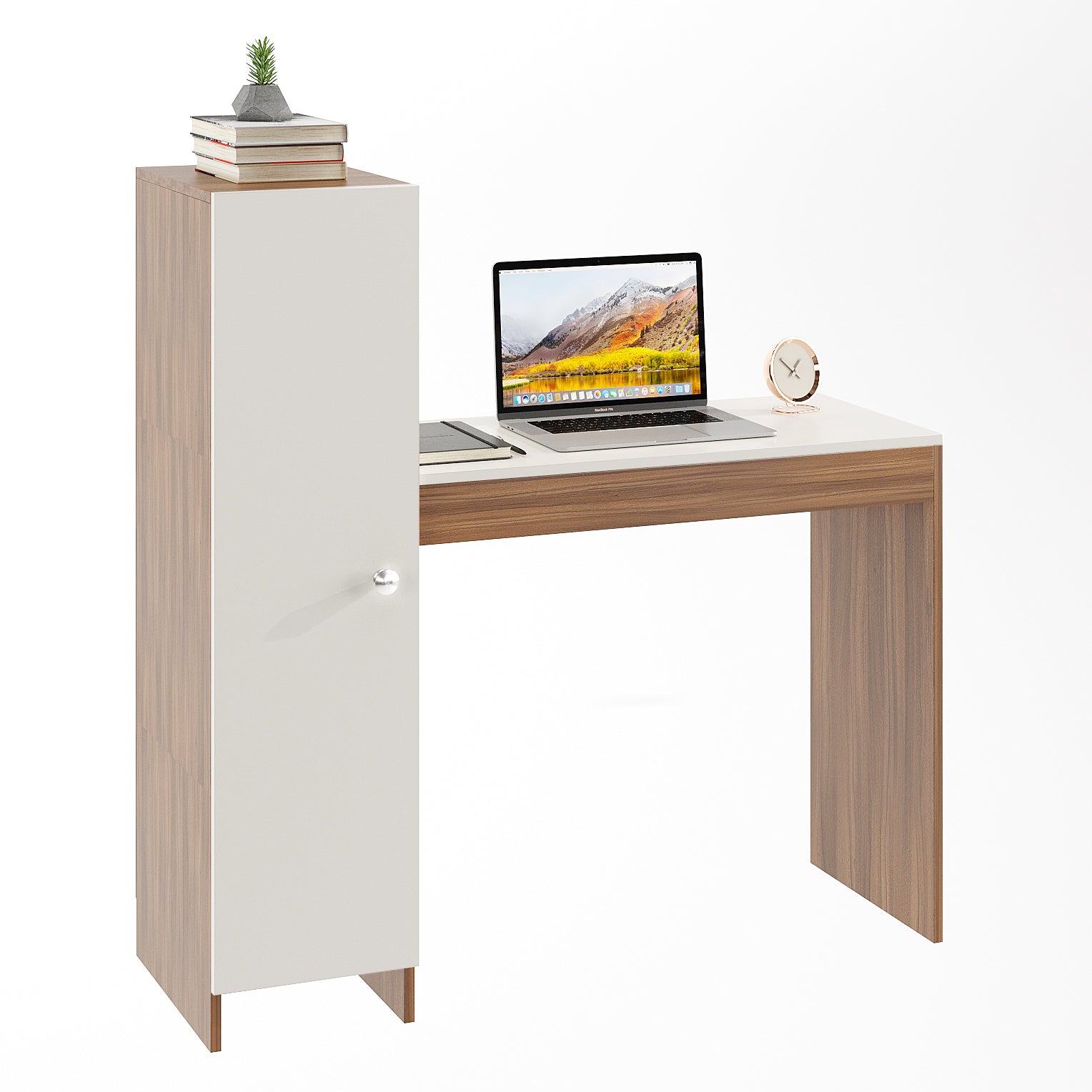 WOODWIDER Maria Wooden Study Table, Workstation, Computer, Laptop, WFH Office Desk, Gaming Table with Side Bookshelf Storage (Exotic Teak & White)