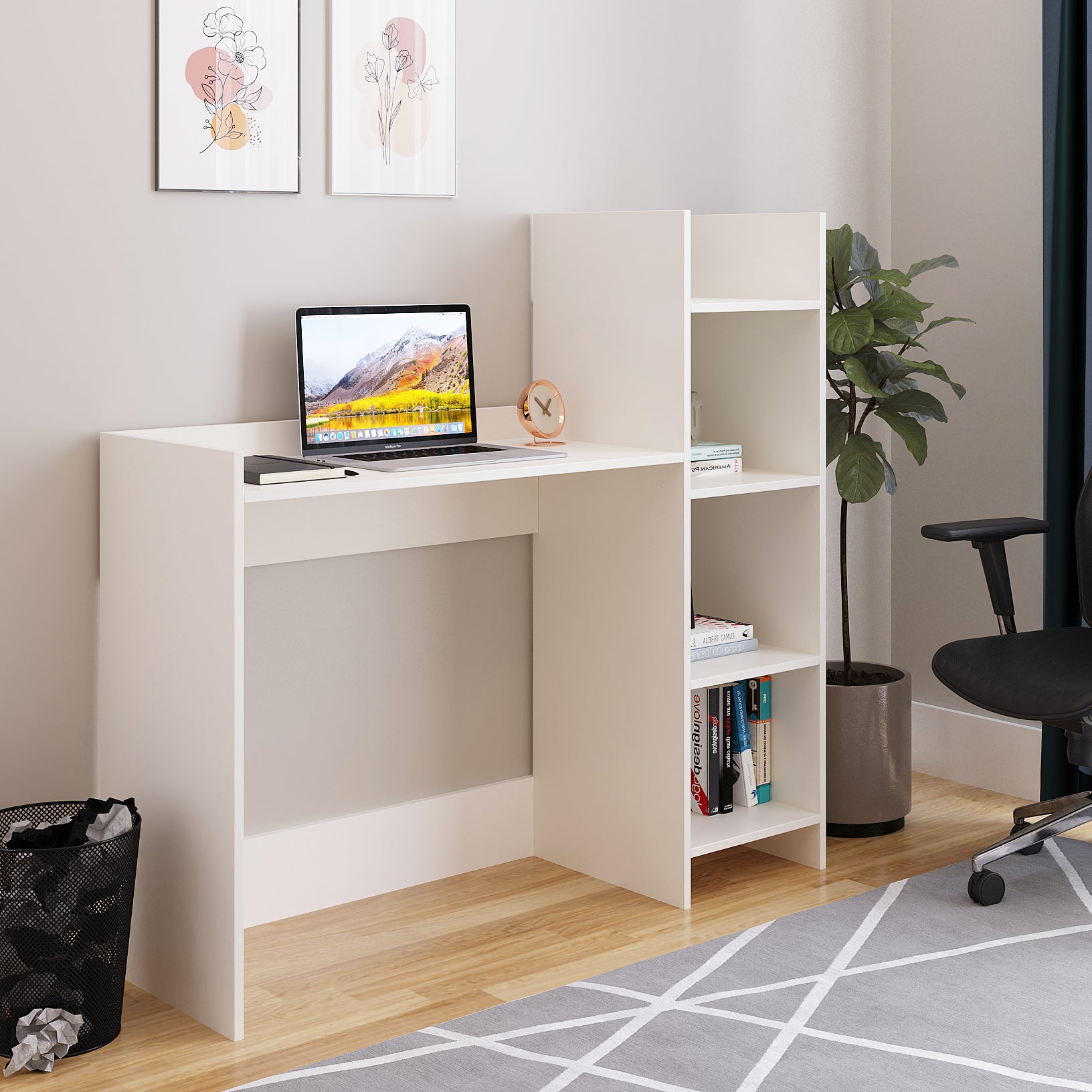 WOODWIDER Sarah Wooden Study Table, Workstation, Computer, Laptop, WFH Office Desk, Gaming Table with Storage, White