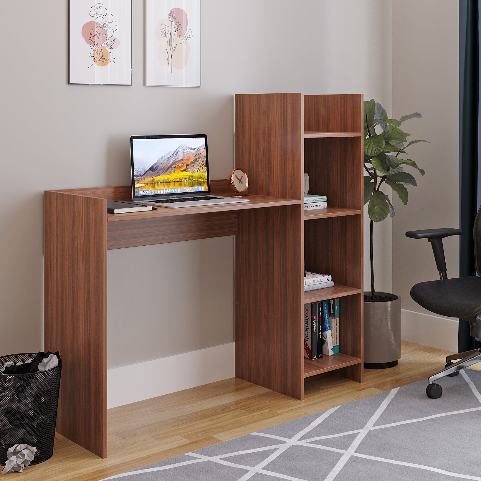 WOODWIDER Sarah Wooden Study Table, Workstation, Computer, Laptop, WFH Office Desk, Gaming Table with Storage, Exotic Teak
