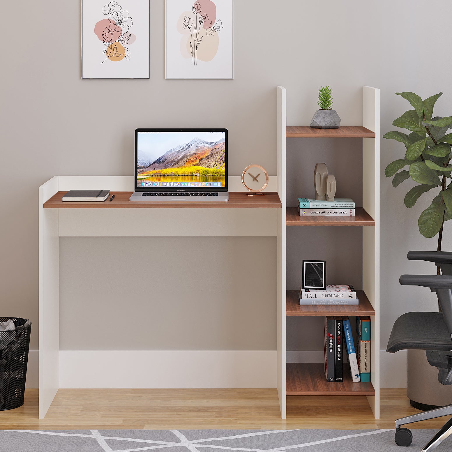 WOODWIDER Sarah Wooden Study Table, Workstation, Computer, Laptop, WFH Office Desk, Gaming Table with Storage, Exotic Teak & White