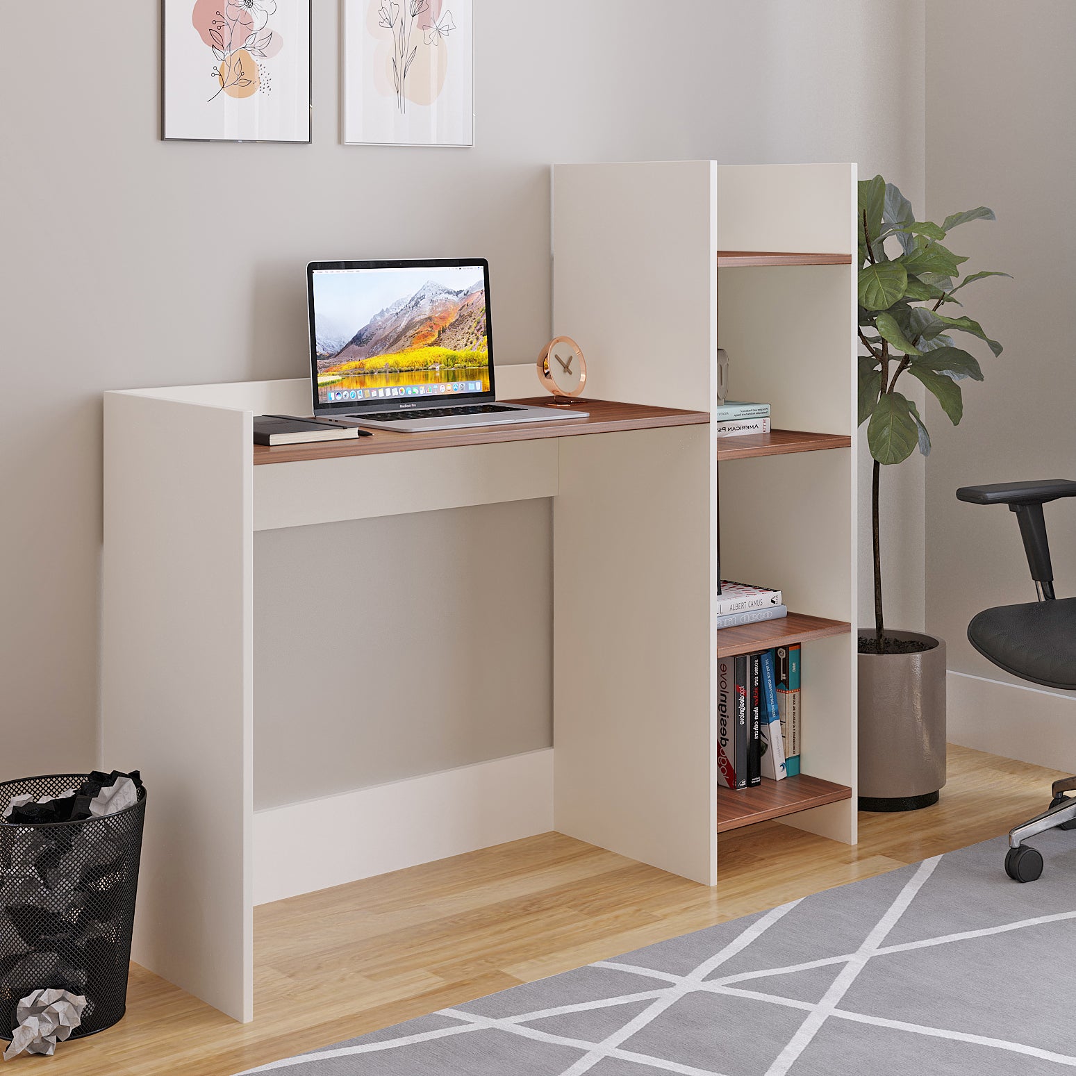 WOODWIDER Sarah Wooden Study Table, Workstation, Computer, Laptop, WFH Office Desk, Gaming Table with Storage, Exotic Teak & White