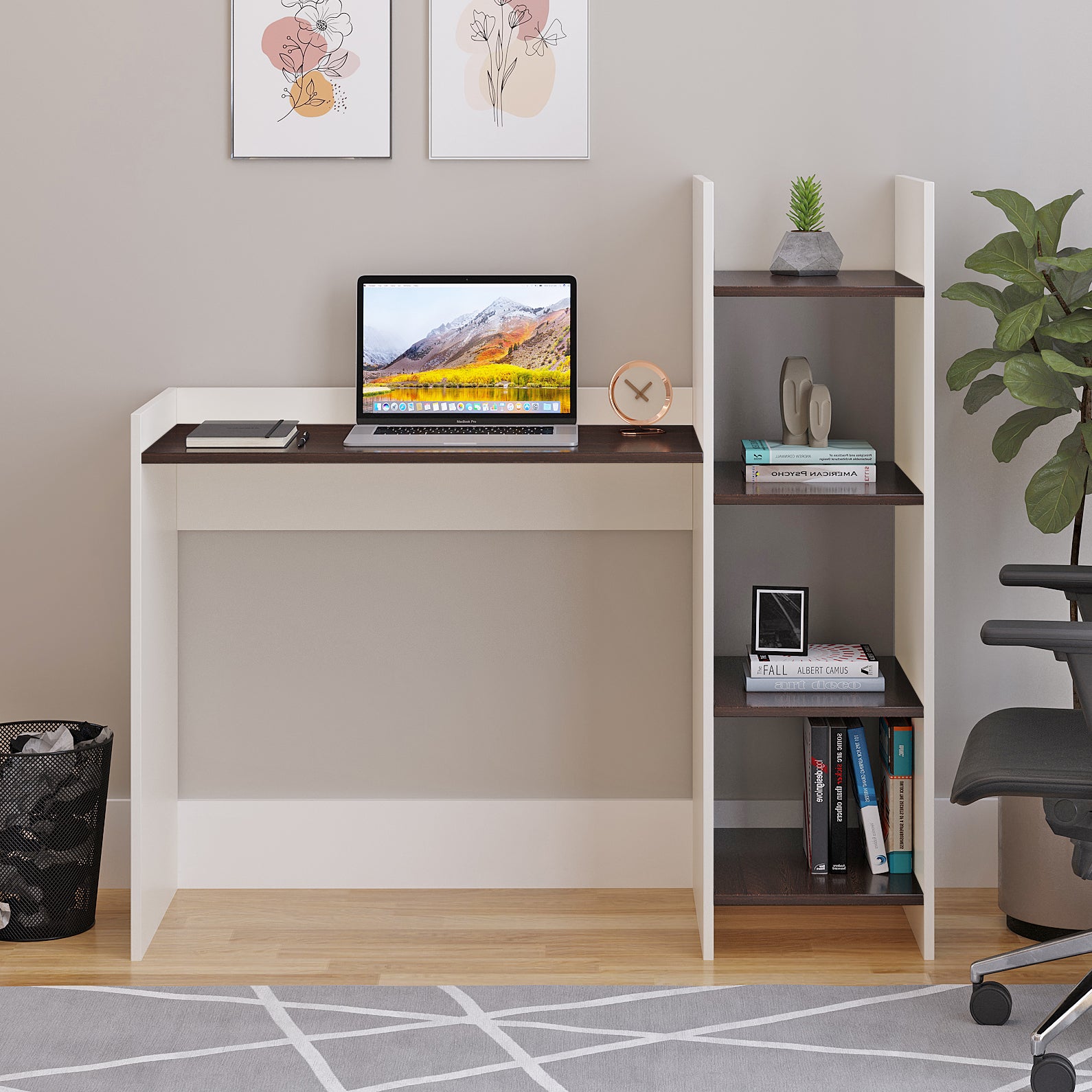 WOODWIDER Sarah Wooden Study Table, Workstation, Computer, Laptop, WFH Office Desk, Gaming Table with Storage, Wenge & White