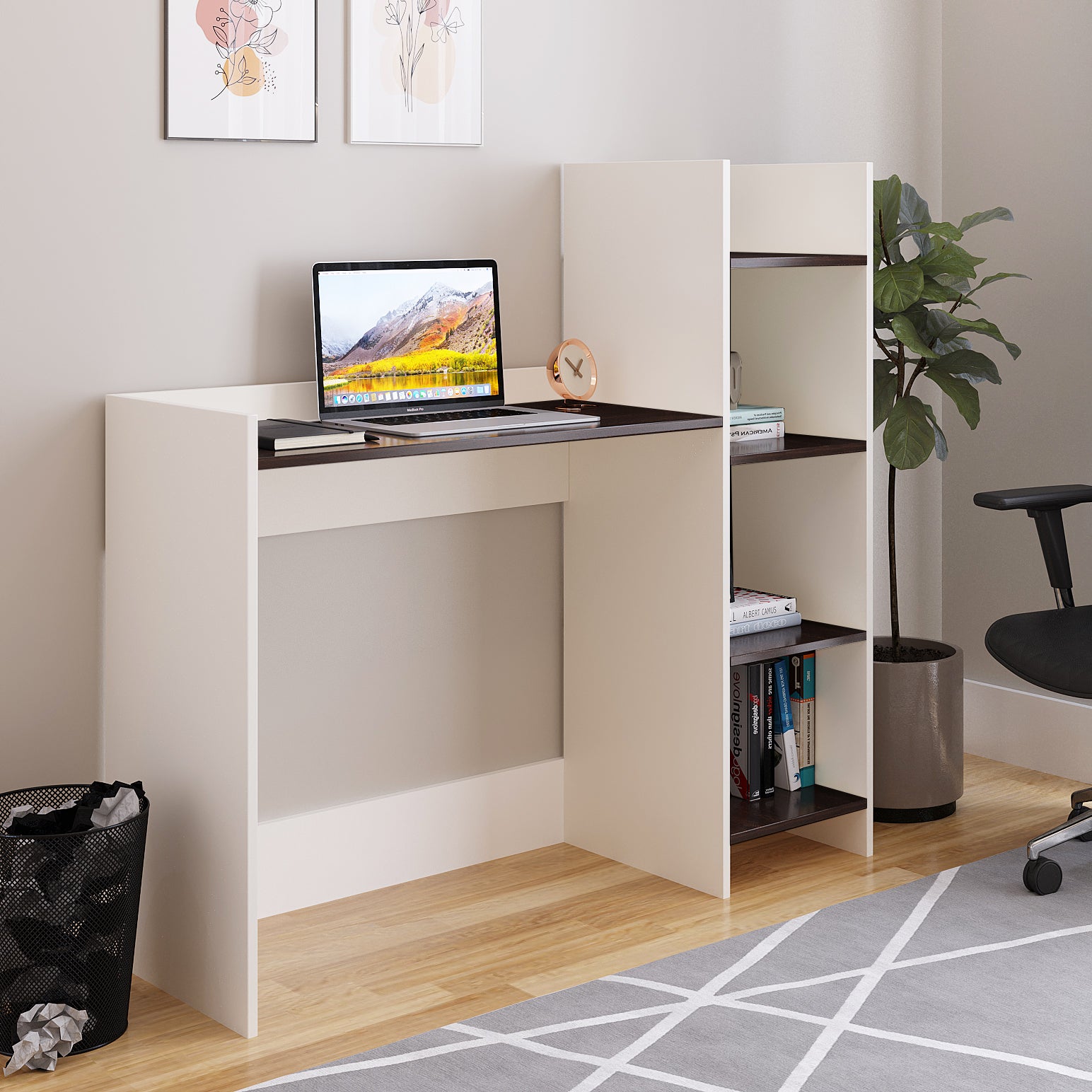 WOODWIDER Sarah Wooden Study Table, Workstation, Computer, Laptop, WFH Office Desk, Gaming Table with Storage, Wenge & White