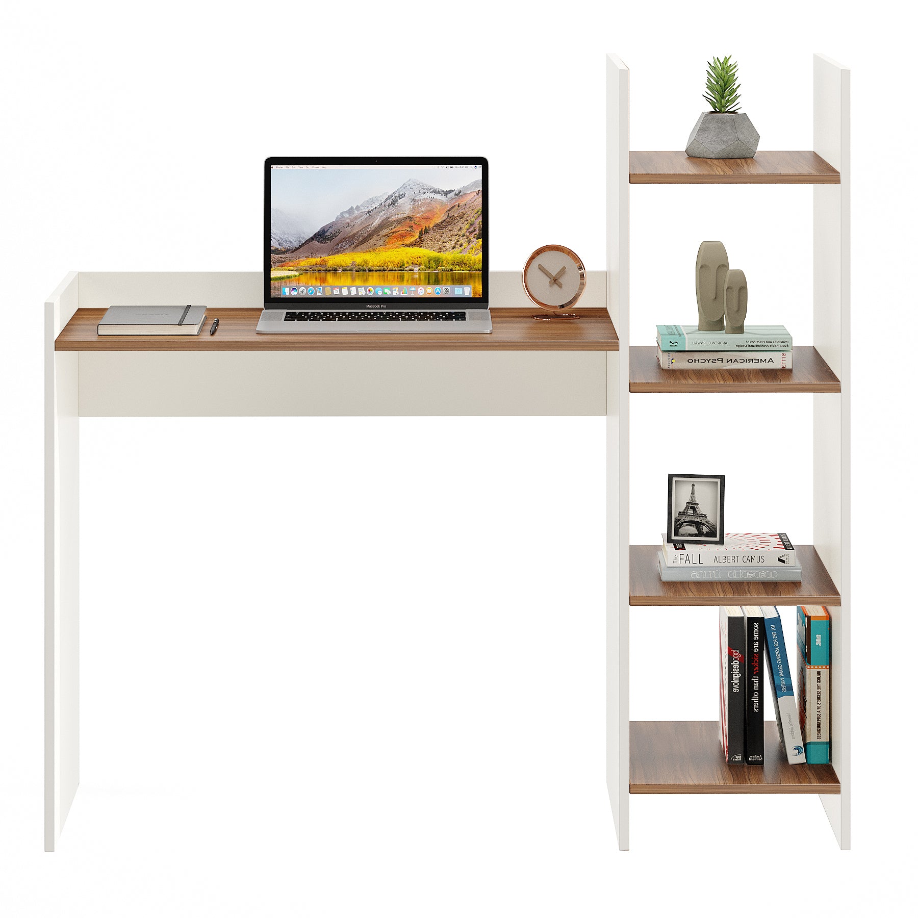 WOODWIDER Sarah Wooden Study Table, Workstation, Computer, Laptop, WFH Office Desk, Gaming Table with Storage, Exotic Teak & White