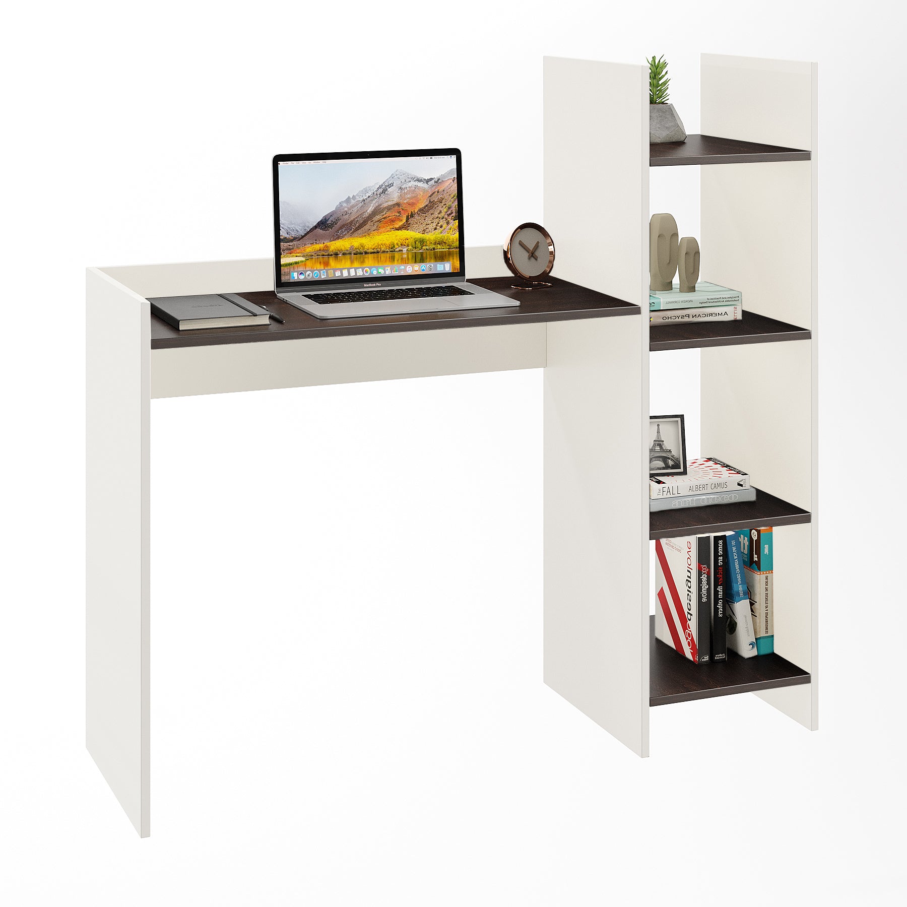 WOODWIDER Sarah Wooden Study Table, Workstation, Computer, Laptop, WFH Office Desk, Gaming Table with Storage, Wenge & White