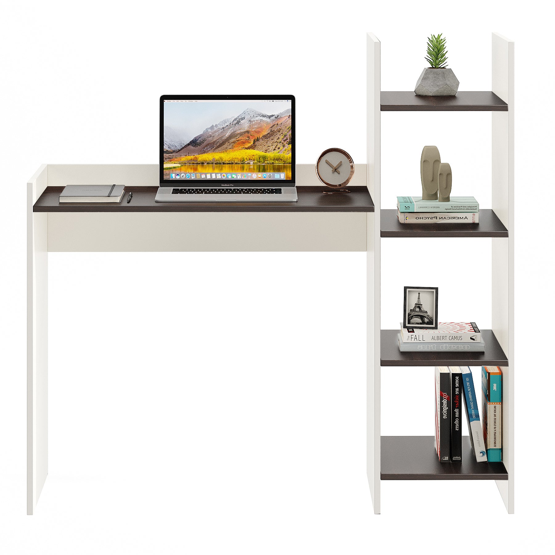 WOODWIDER Sarah Wooden Study Table, Workstation, Computer, Laptop, WFH Office Desk, Gaming Table with Storage, Wenge & White