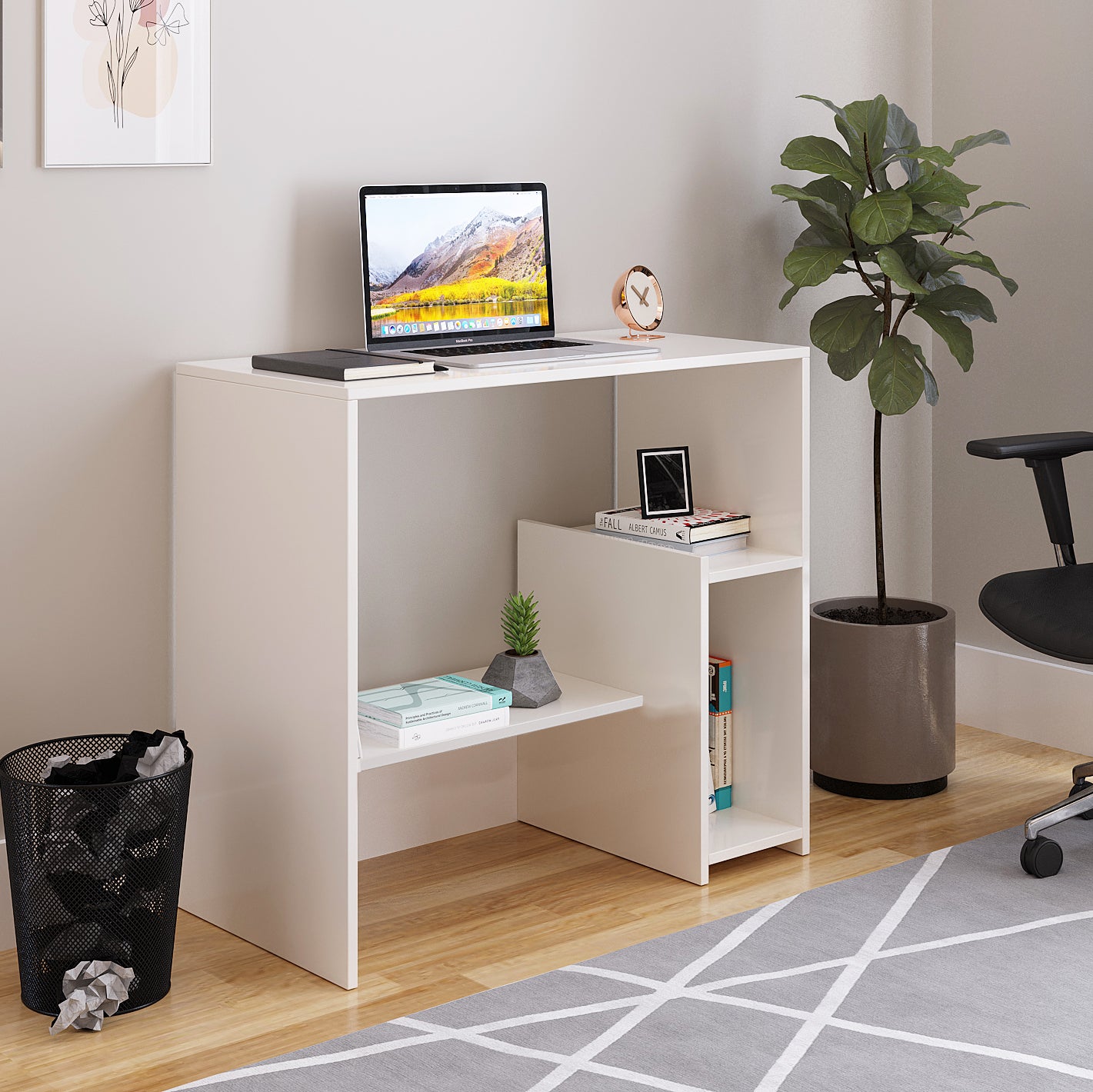 Woodwider Vivian Wooden Study Table, Workstation, Computer, Laptop, WFH Office Desk, Gaming Table with Storage, White