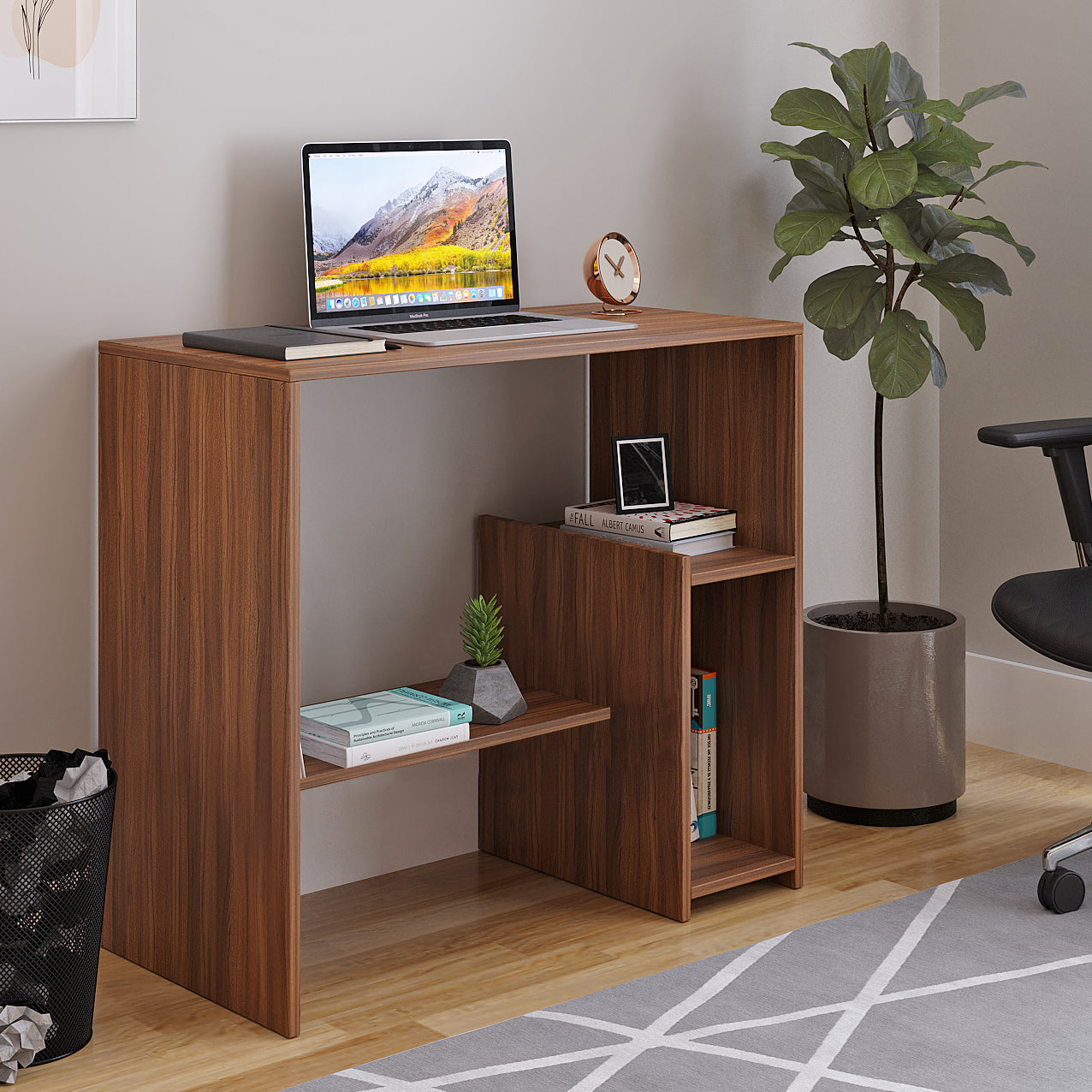 Woodwider Vivian Wooden Study Table, Workstation, Computer, Laptop, WFH Office Desk, Gaming Table with Storage, Exotic Teak
