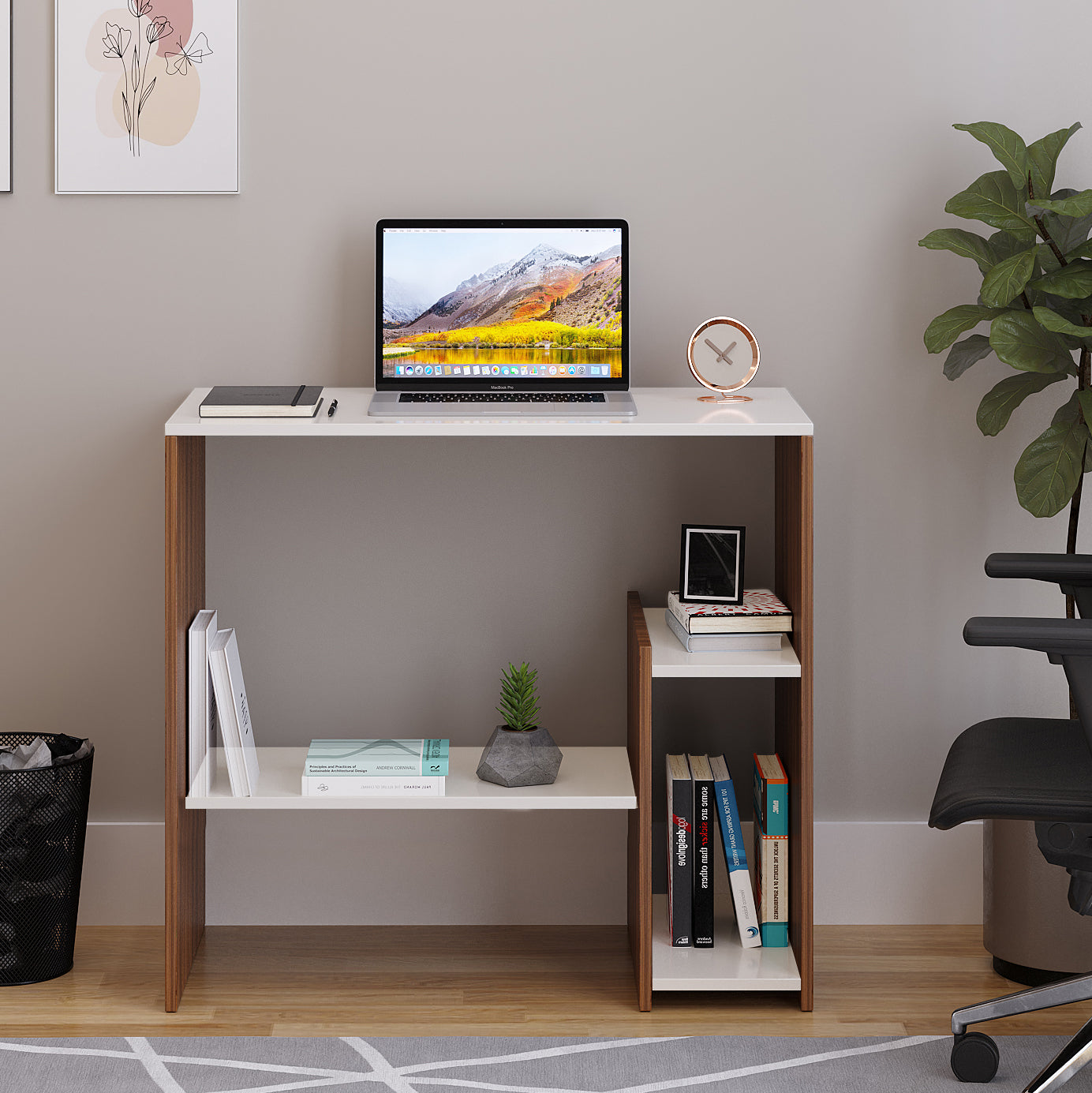 WOODWIDER Vivian Wooden Study Table, Workstation, Computer, Laptop, WFH Office Desk, Gaming Table with Storage, Exotic Teak & White