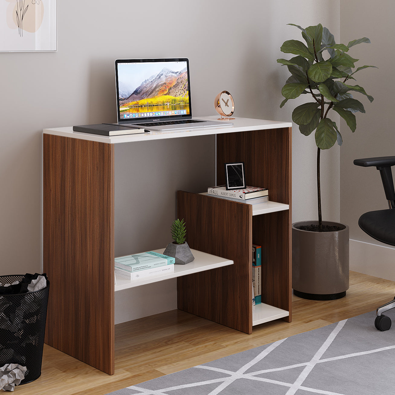 WOODWIDER Vivian Wooden Study Table, Workstation, Computer, Laptop, WFH Office Desk, Gaming Table with Storage, Exotic Teak & White
