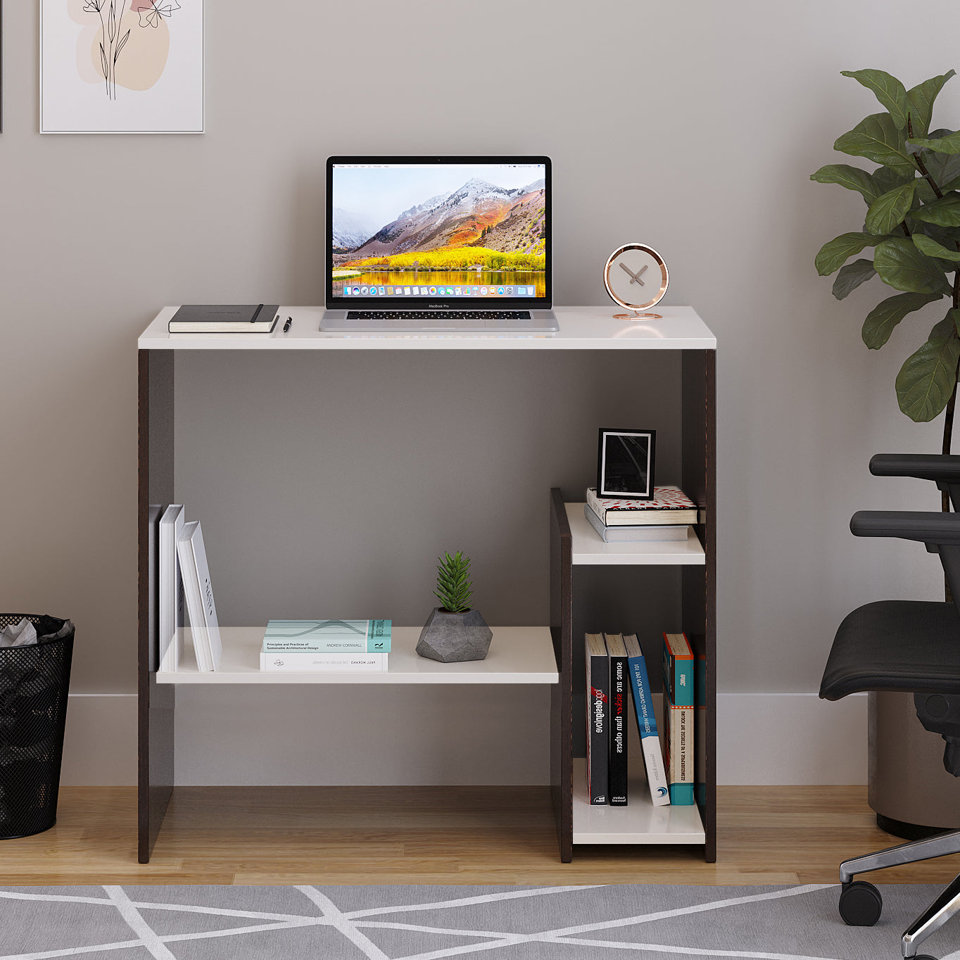 WOODWIDER Vivian Wooden Study Table, Workstation, Computer, Laptop, WFH Office Desk, Gaming Table with Storage, Wenge & White