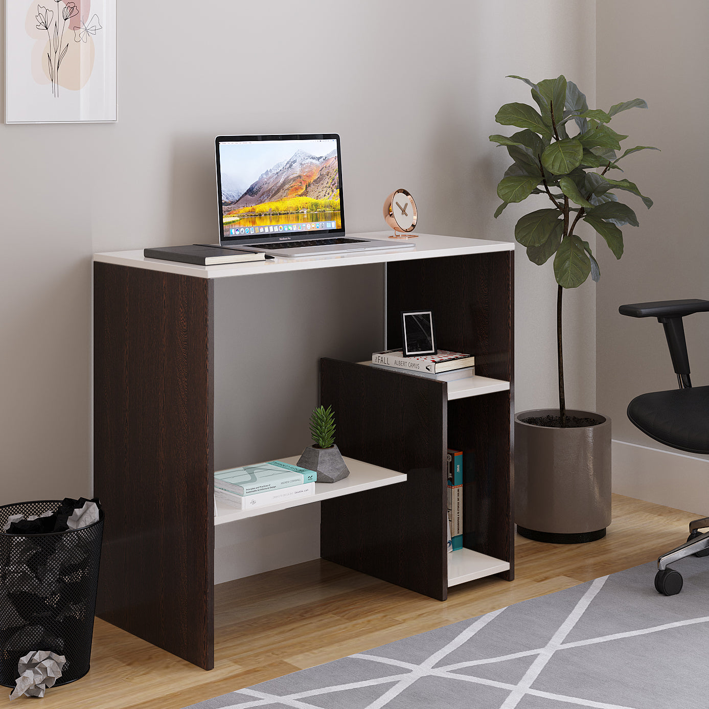 WOODWIDER Vivian Wooden Study Table, Workstation, Computer, Laptop, WFH Office Desk, Gaming Table with Storage, Wenge & White