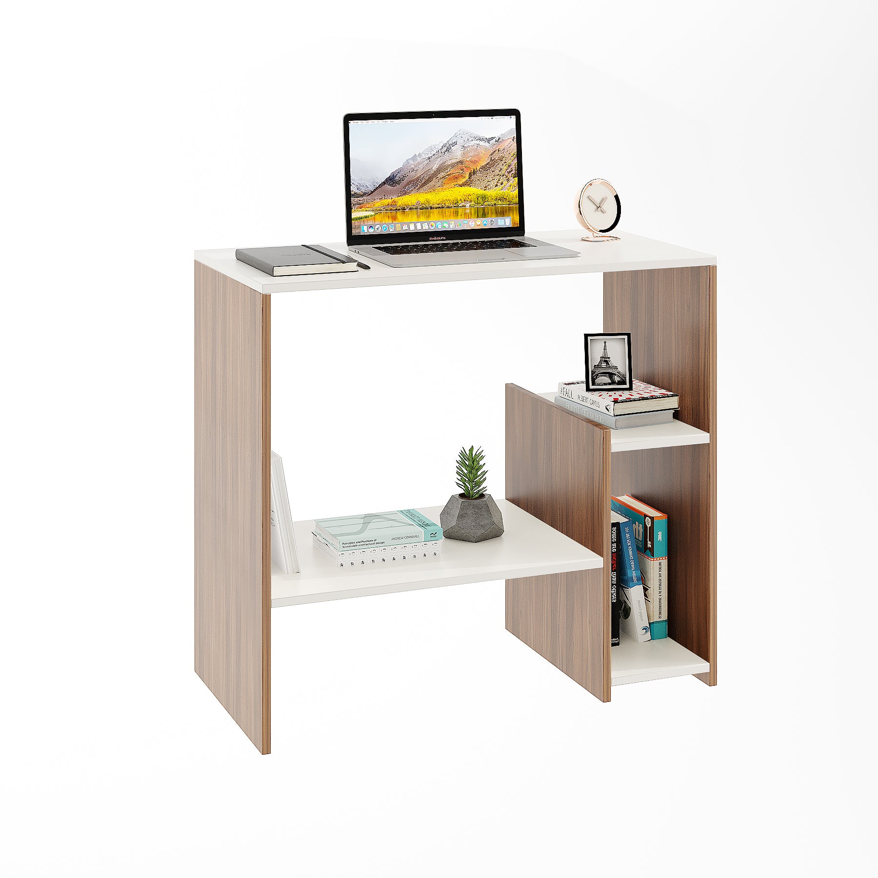 WOODWIDER Vivian Wooden Study Table, Workstation, Computer, Laptop, WFH Office Desk, Gaming Table with Storage, Exotic Teak & White