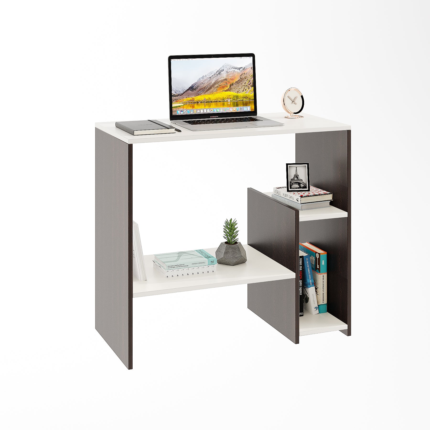 WOODWIDER Vivian Wooden Study Table, Workstation, Computer, Laptop, WFH Office Desk, Gaming Table with Storage, Wenge & White
