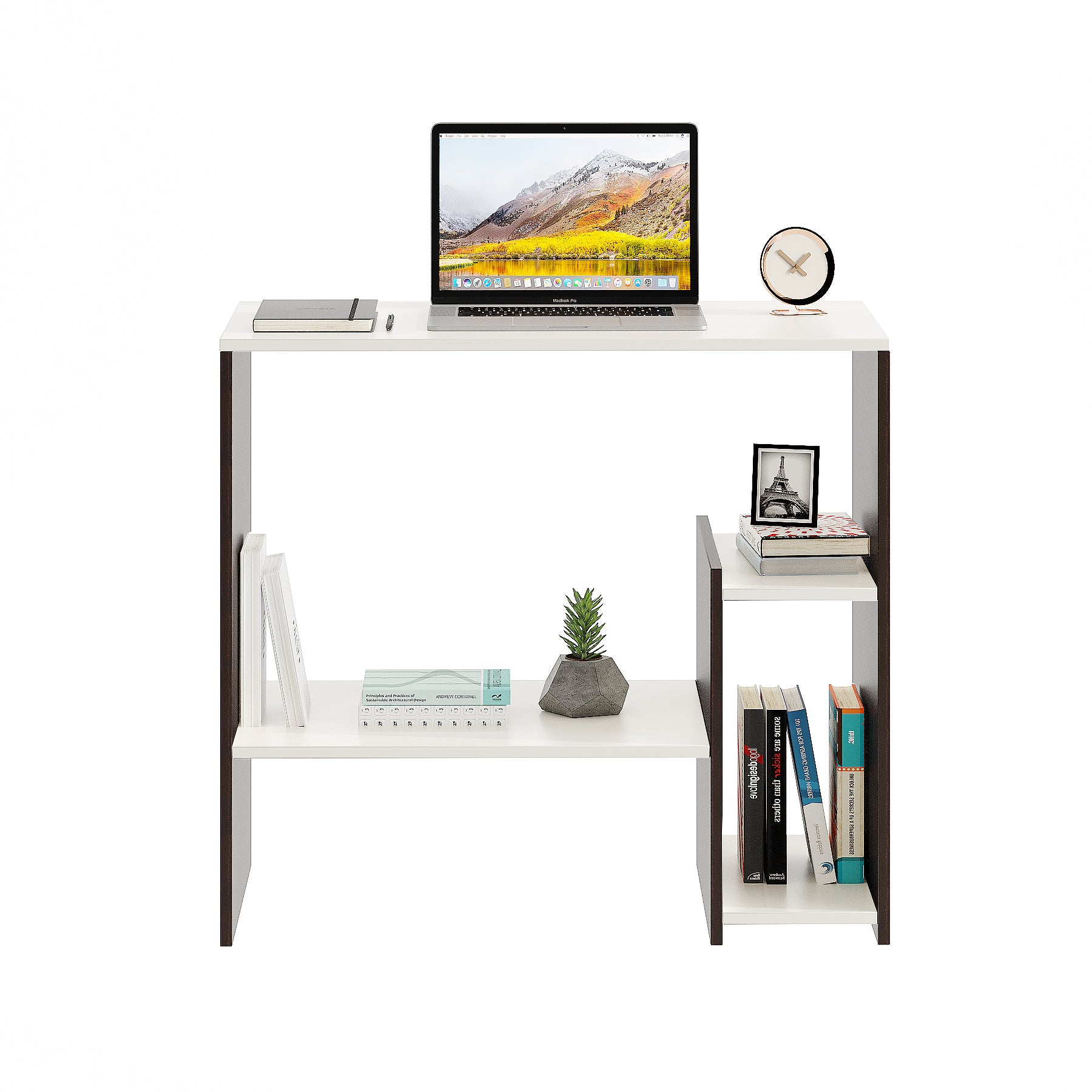 WOODWIDER Vivian Wooden Study Table, Workstation, Computer, Laptop, WFH Office Desk, Gaming Table with Storage, Wenge & White