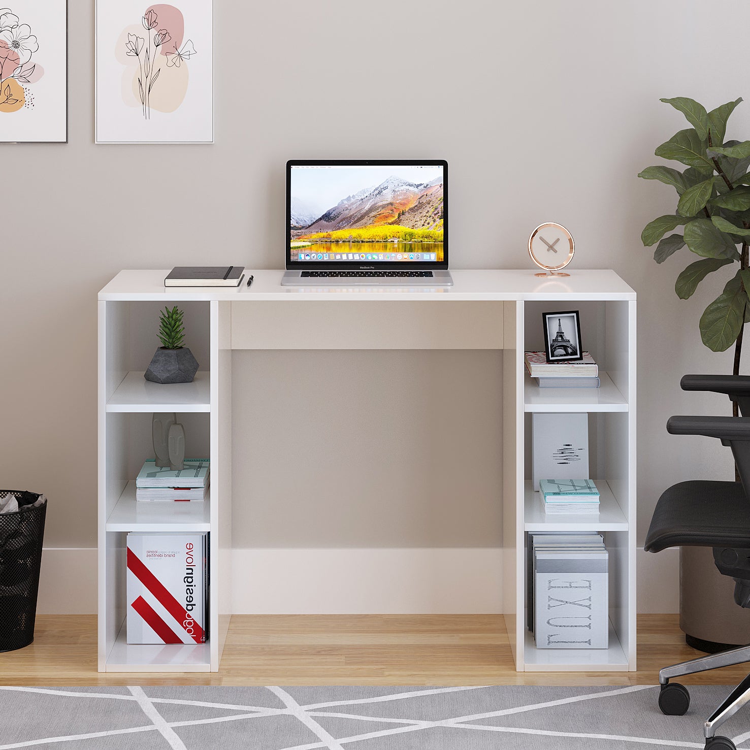 Woodwider Skyler Wooden Study Table, Workstation, Computer, Laptop, WFH Office Desk, Gaming Table with Storage ( White)