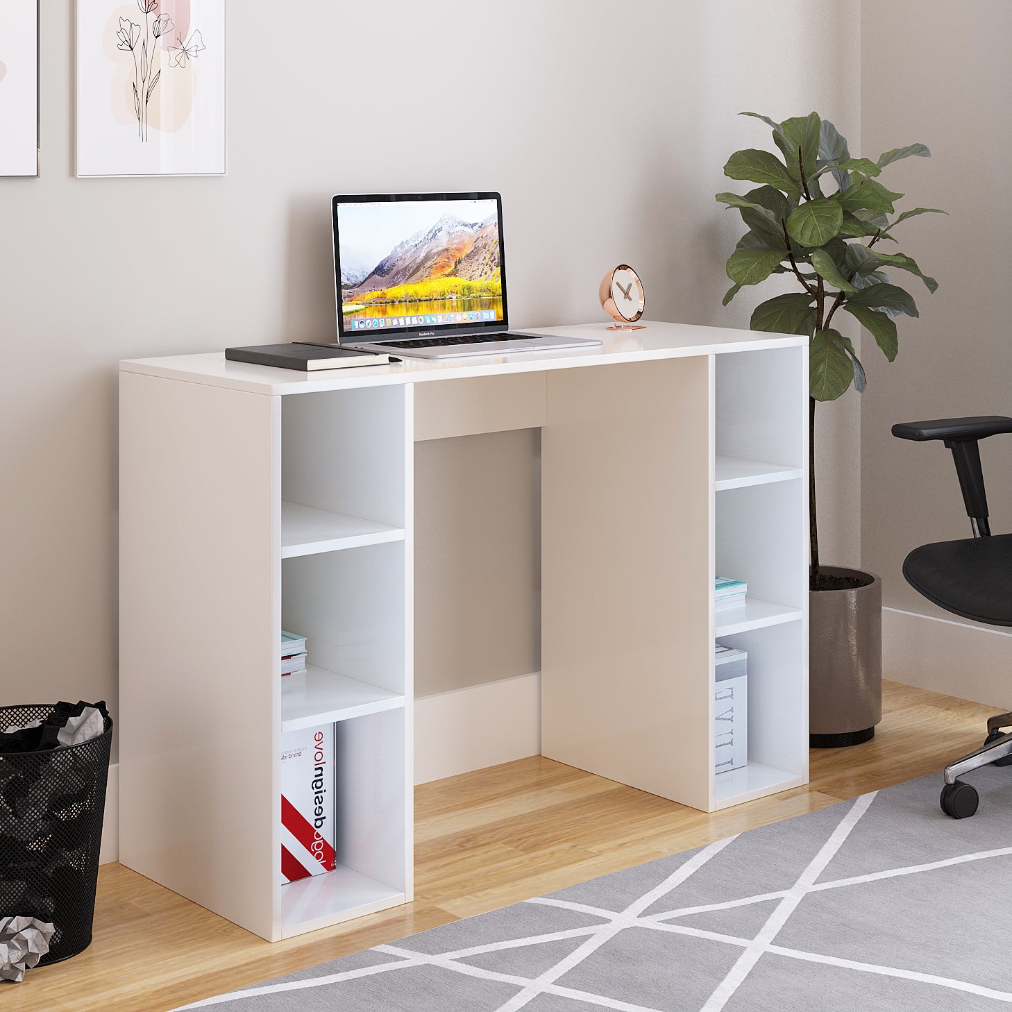 Woodwider Skyler Wooden Study Table, Workstation, Computer, Laptop, WFH Office Desk, Gaming Table with Storage ( White)