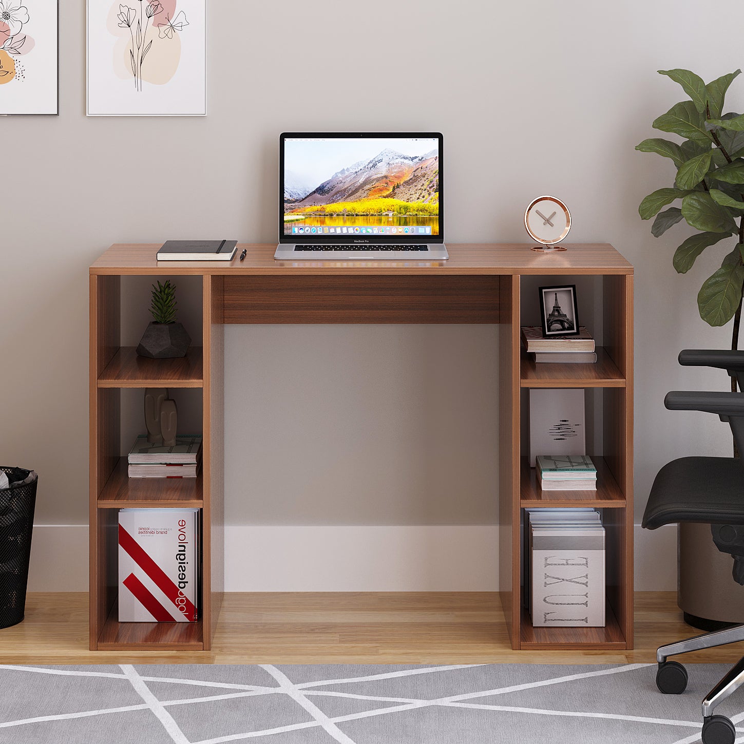 Woodwider Skyler Wooden Study Table, Workstation, Computer, Laptop, WFH Office Desk, Gaming Table with Storage (Exotic Teak)
