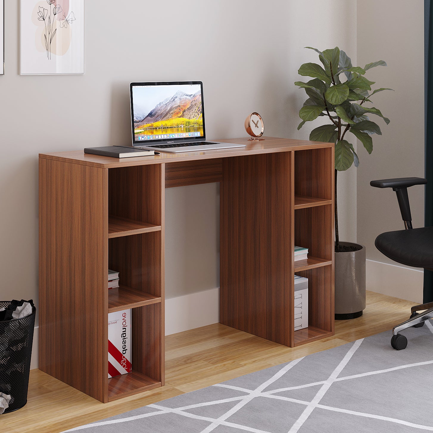 Woodwider Skyler Wooden Study Table, Workstation, Computer, Laptop, WFH Office Desk, Gaming Table with Storage (Exotic Teak)