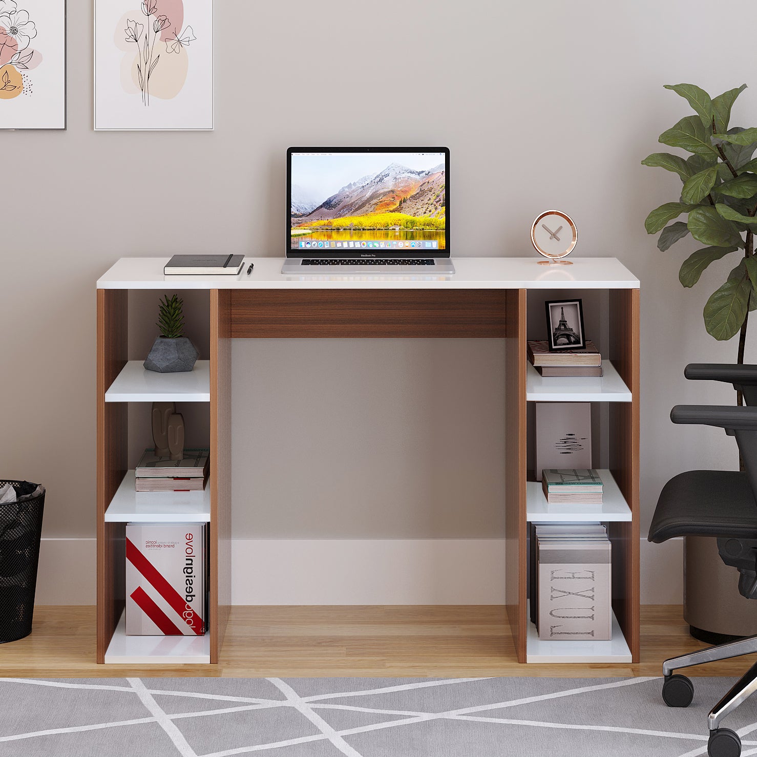 Woodwider Skyler Wooden Study Table, Workstation, Computer, Laptop, WFH Office Desk, Gaming Table with Storage (Exotic teak & White)