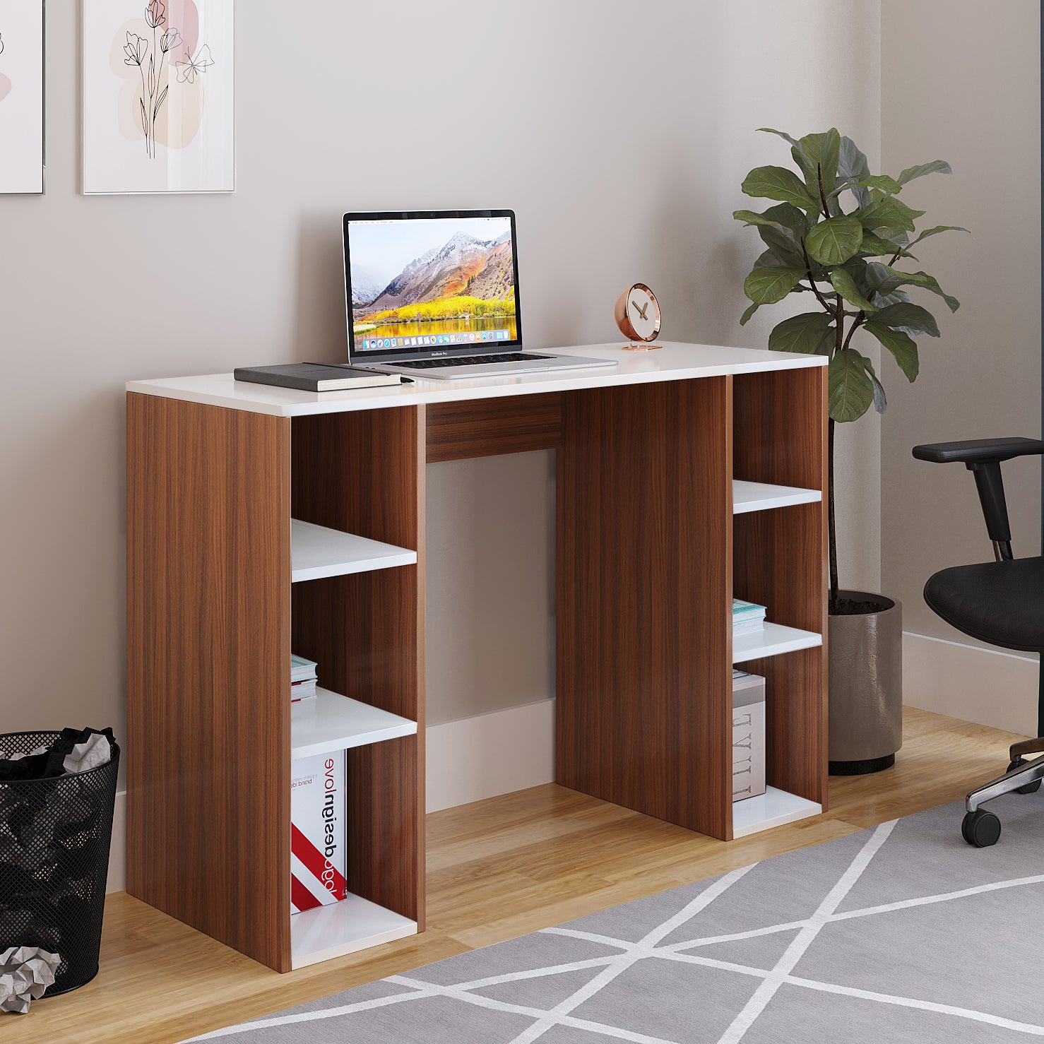 Woodwider Skyler Wooden Study Table, Workstation, Computer, Laptop, WFH Office Desk, Gaming Table with Storage (Exotic teak & White)