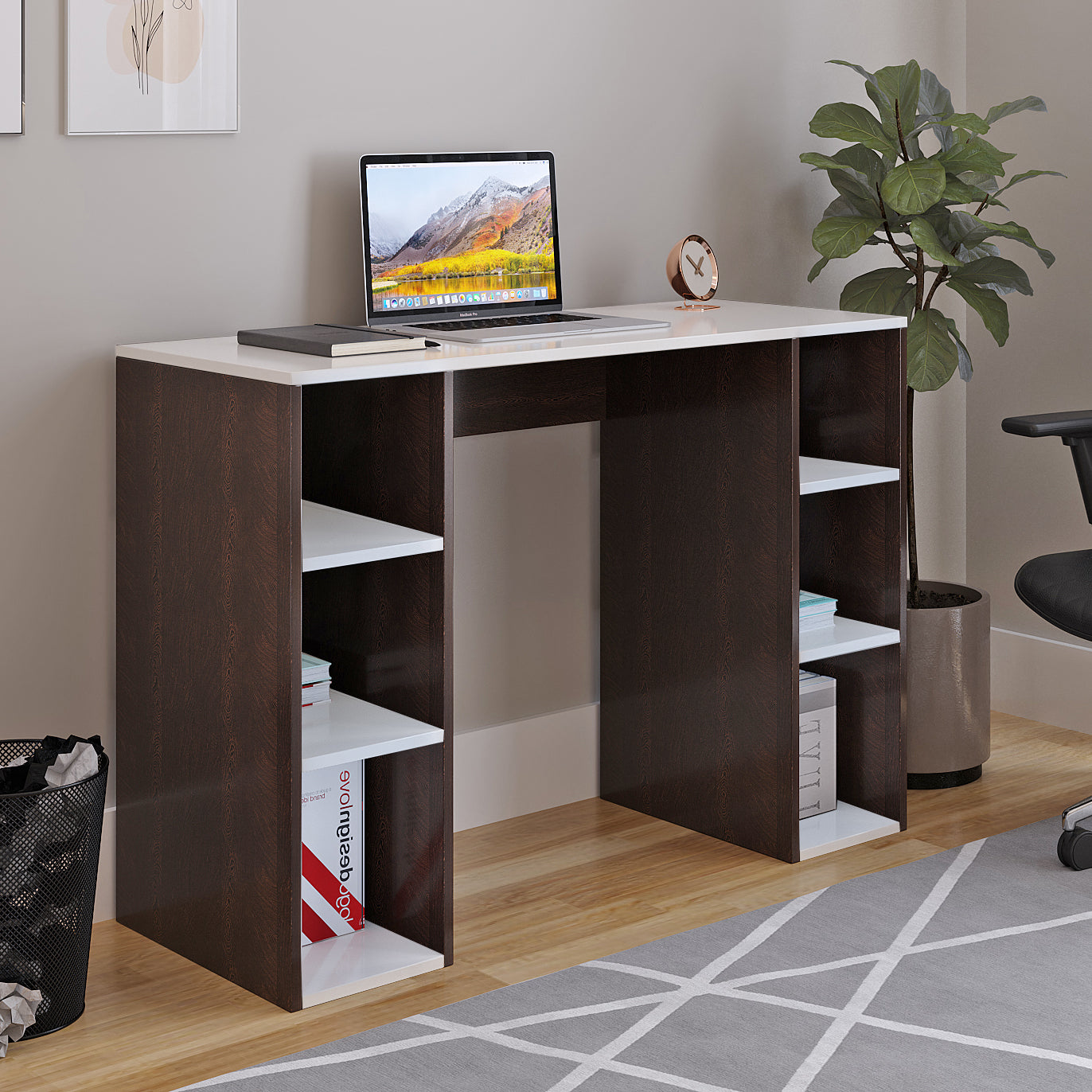 Woodwider Skyler Wooden Study Table, Workstation, Computer, Laptop, WFH Office Desk, Gaming Table with Storage (Wenge & White)
