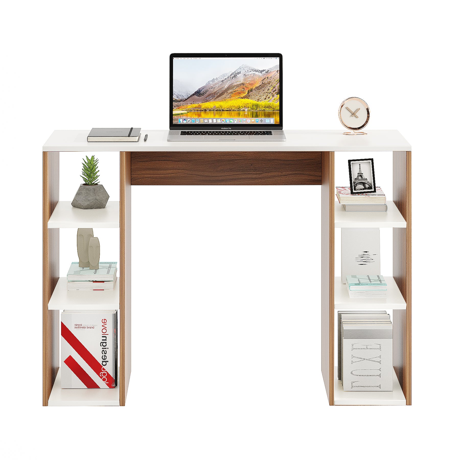 Woodwider Skyler Wooden Study Table, Workstation, Computer, Laptop, WFH Office Desk, Gaming Table with Storage (Exotic teak & White)