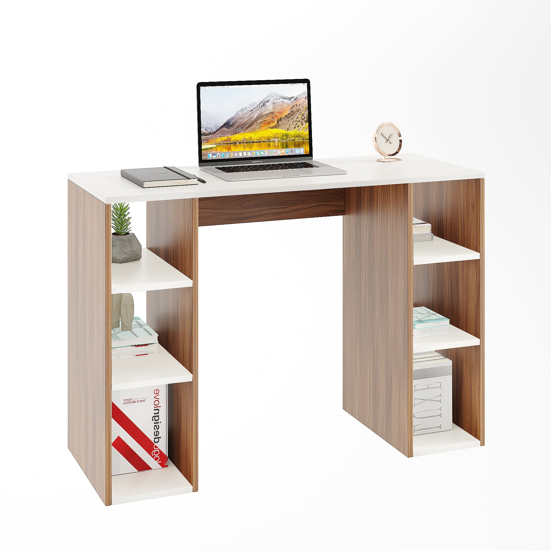 Woodwider Skyler Wooden Study Table, Workstation, Computer, Laptop, WFH Office Desk, Gaming Table with Storage (Exotic teak & White)