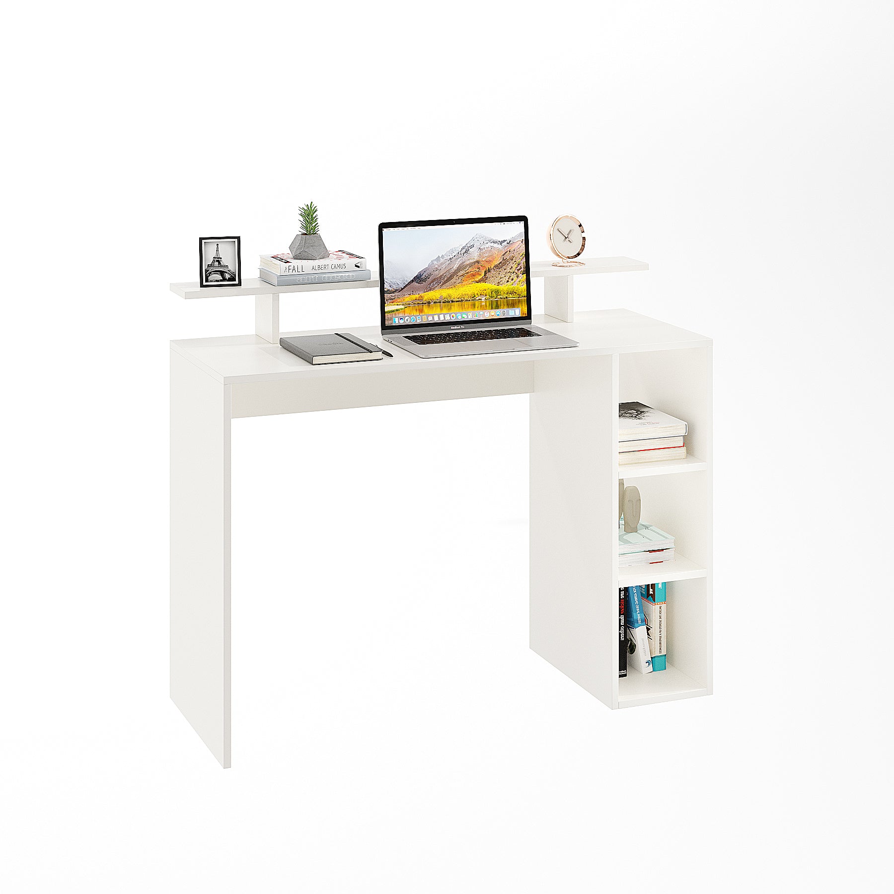 WOODWIDER Lucia Wooden Study Table, Workstation, Computer, Laptop, WFH Office Desk, Gaming Table with Storage, White