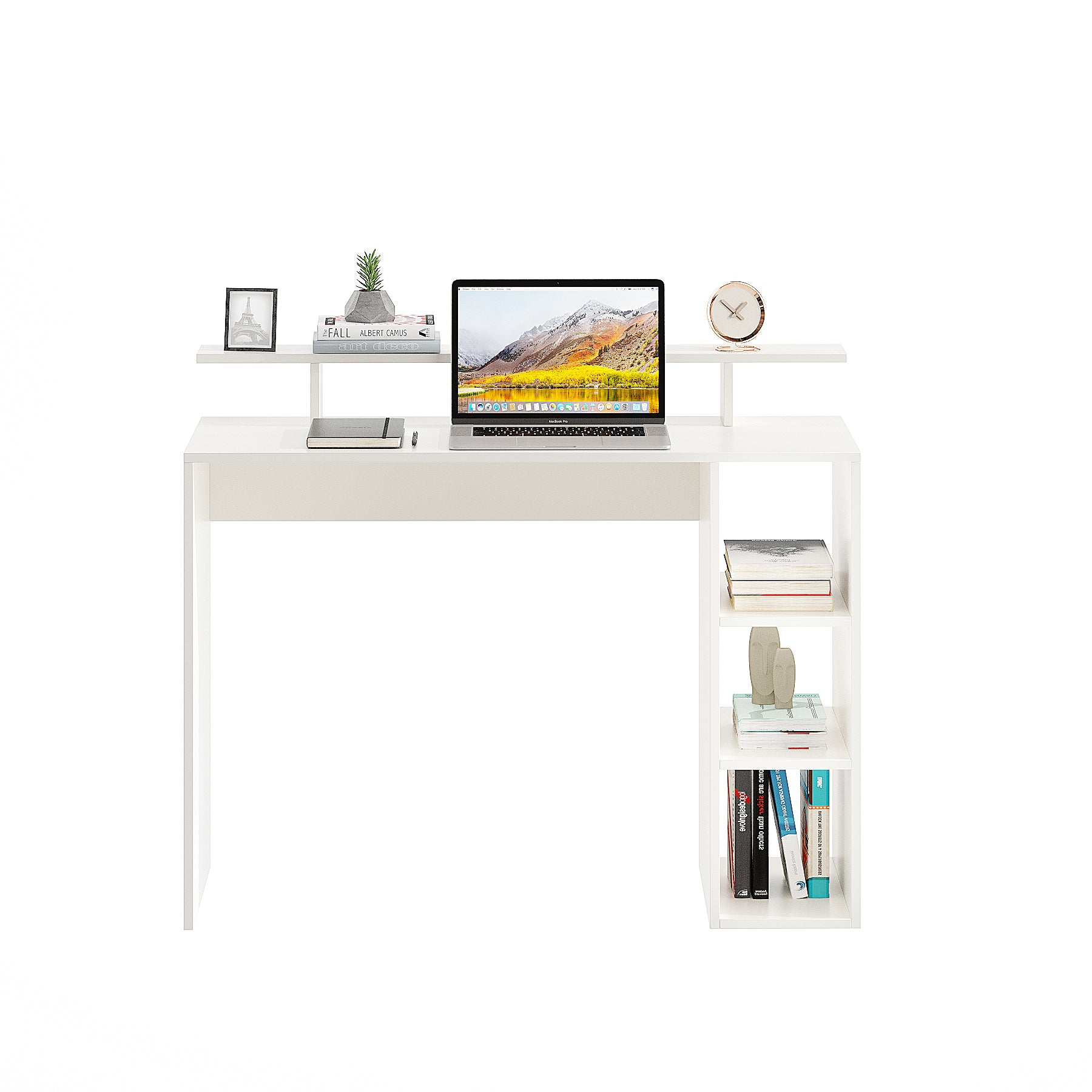 WOODWIDER Lucia Wooden Study Table, Workstation, Computer, Laptop, WFH Office Desk, Gaming Table with Storage, White