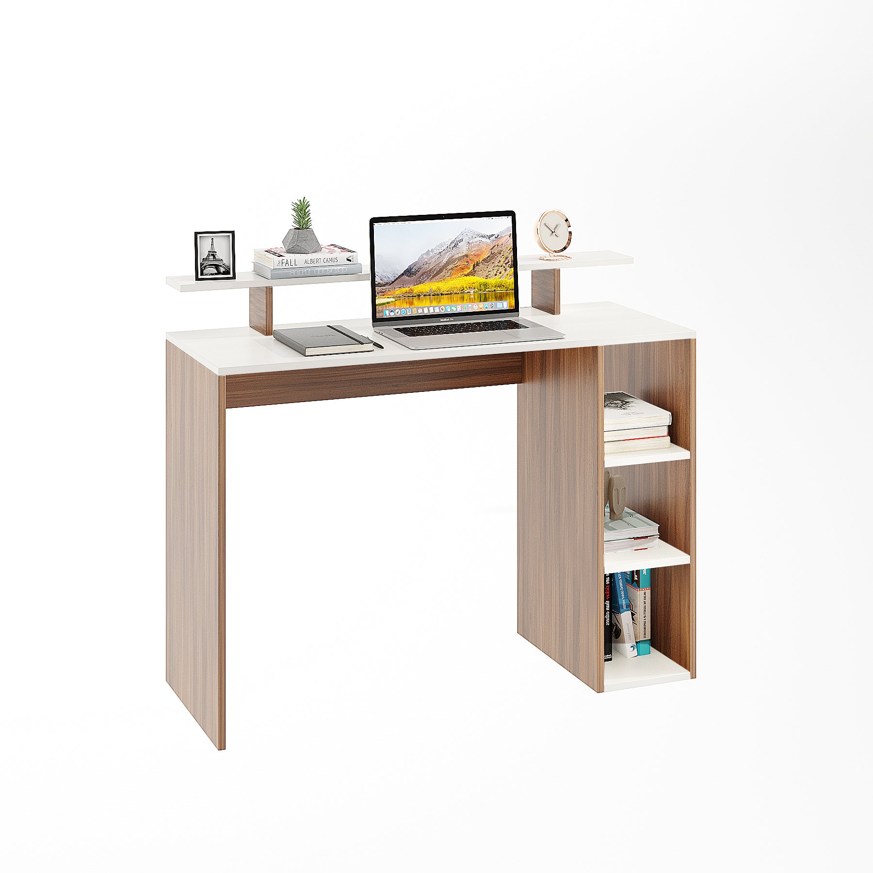 WOODWIDER Lucia Wooden Study Table, Workstation, Computer, Laptop, WFH Office Desk, Gaming Table with Storage, Exotic Teak & White