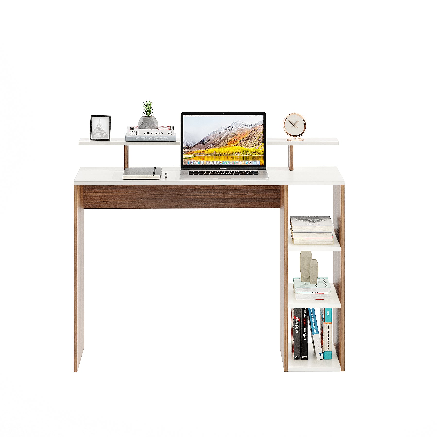 WOODWIDER Lucia Wooden Study Table, Workstation, Computer, Laptop, WFH Office Desk, Gaming Table with Storage, Exotic Teak & White