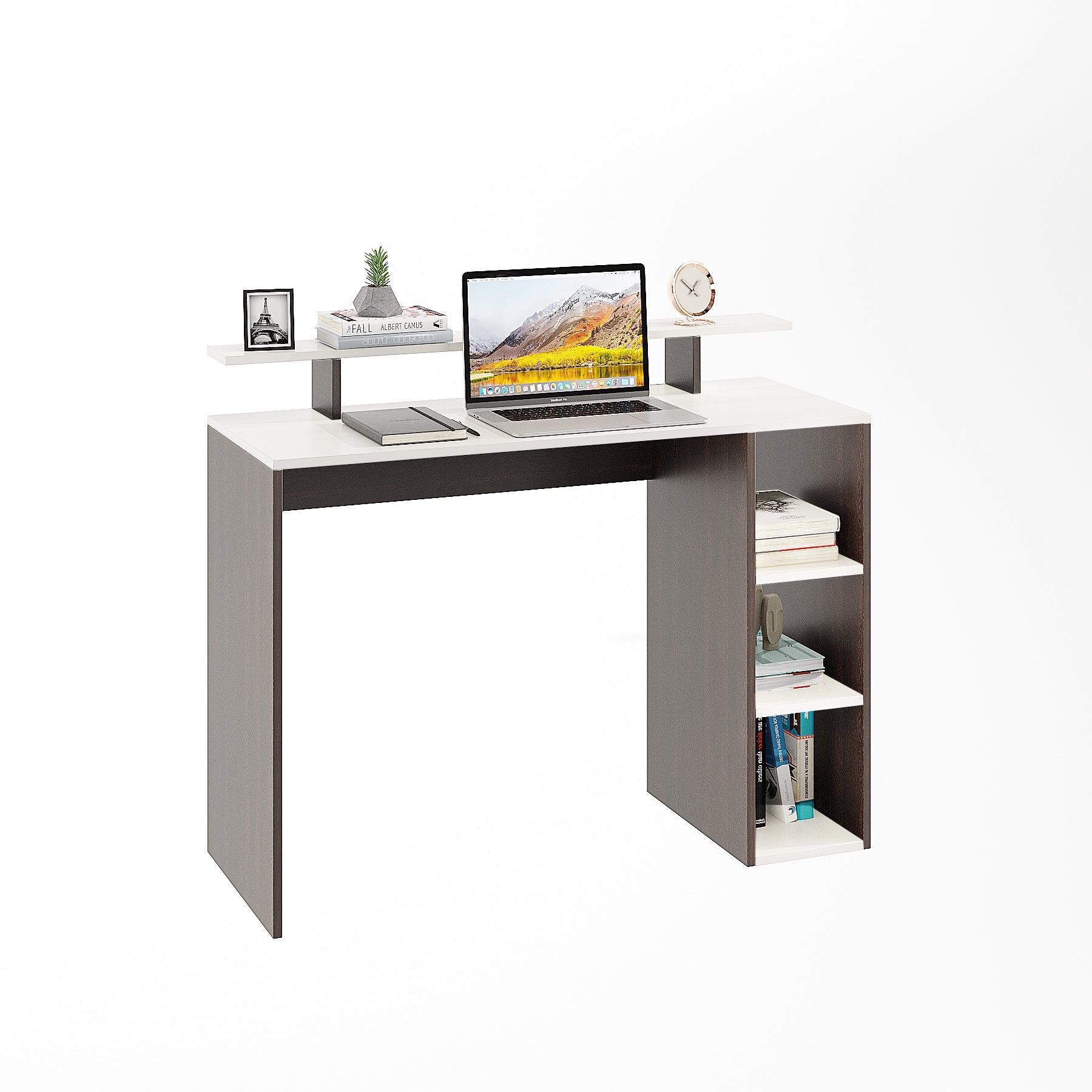 WOODWIDER Lucia Wooden Study Table, Workstation, Computer, Laptop, WFH Office Desk, Gaming Table with Storage, Wenge & White