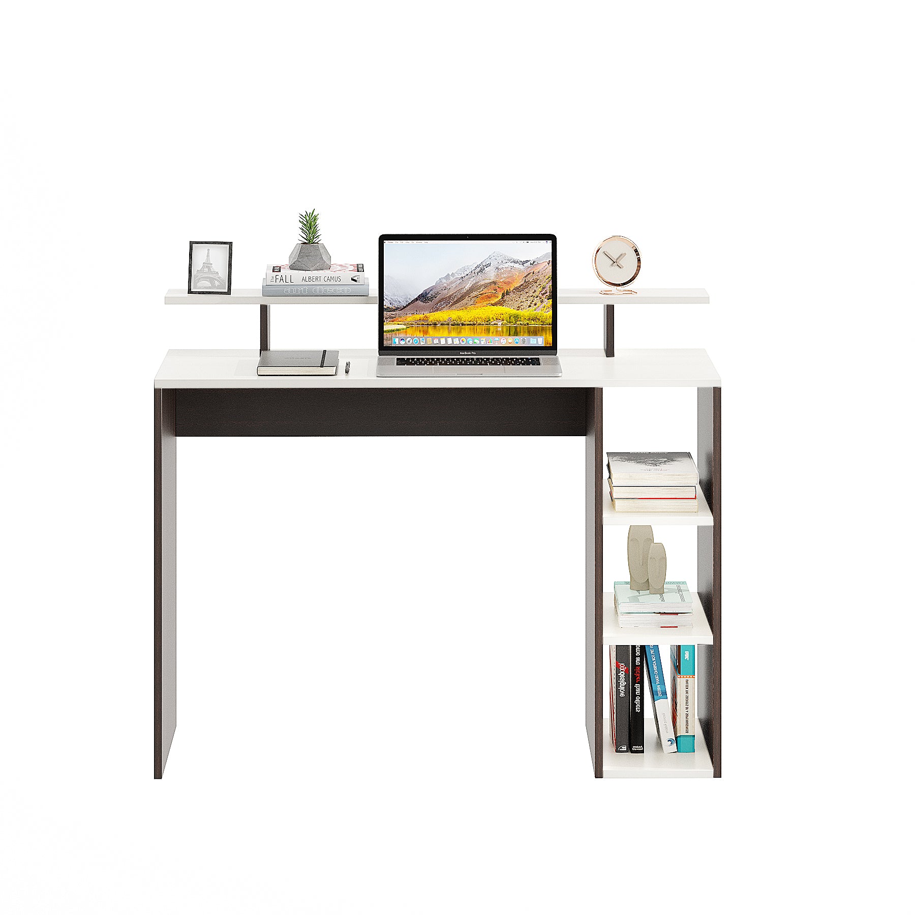 WOODWIDER Lucia Wooden Study Table, Workstation, Computer, Laptop, WFH Office Desk, Gaming Table with Storage, Wenge & White