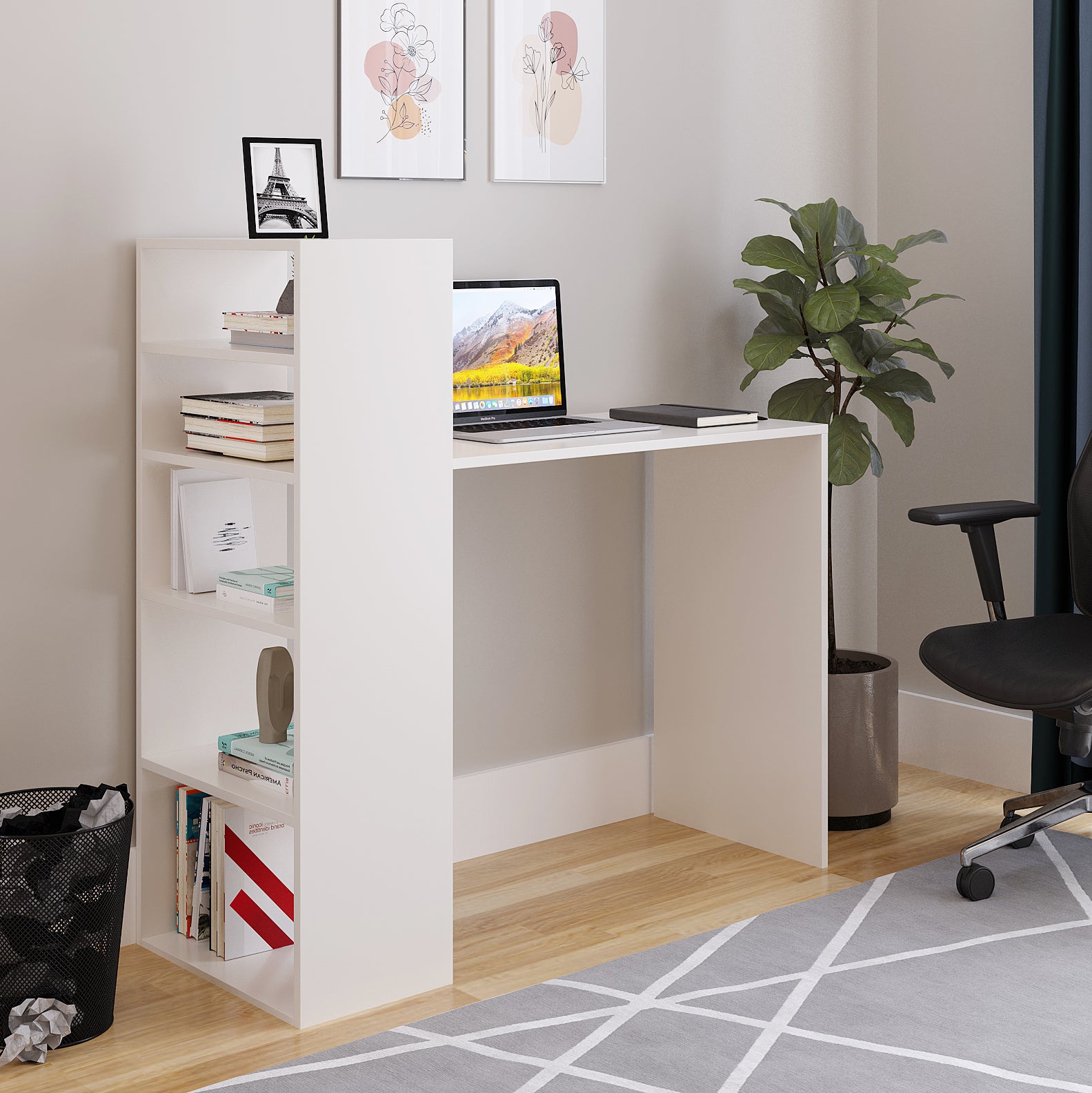 Woodwider Remi Wooden Study Table, Workstation, Computer, Laptop, WFH Office Desk, Gaming Table with Storage, White
