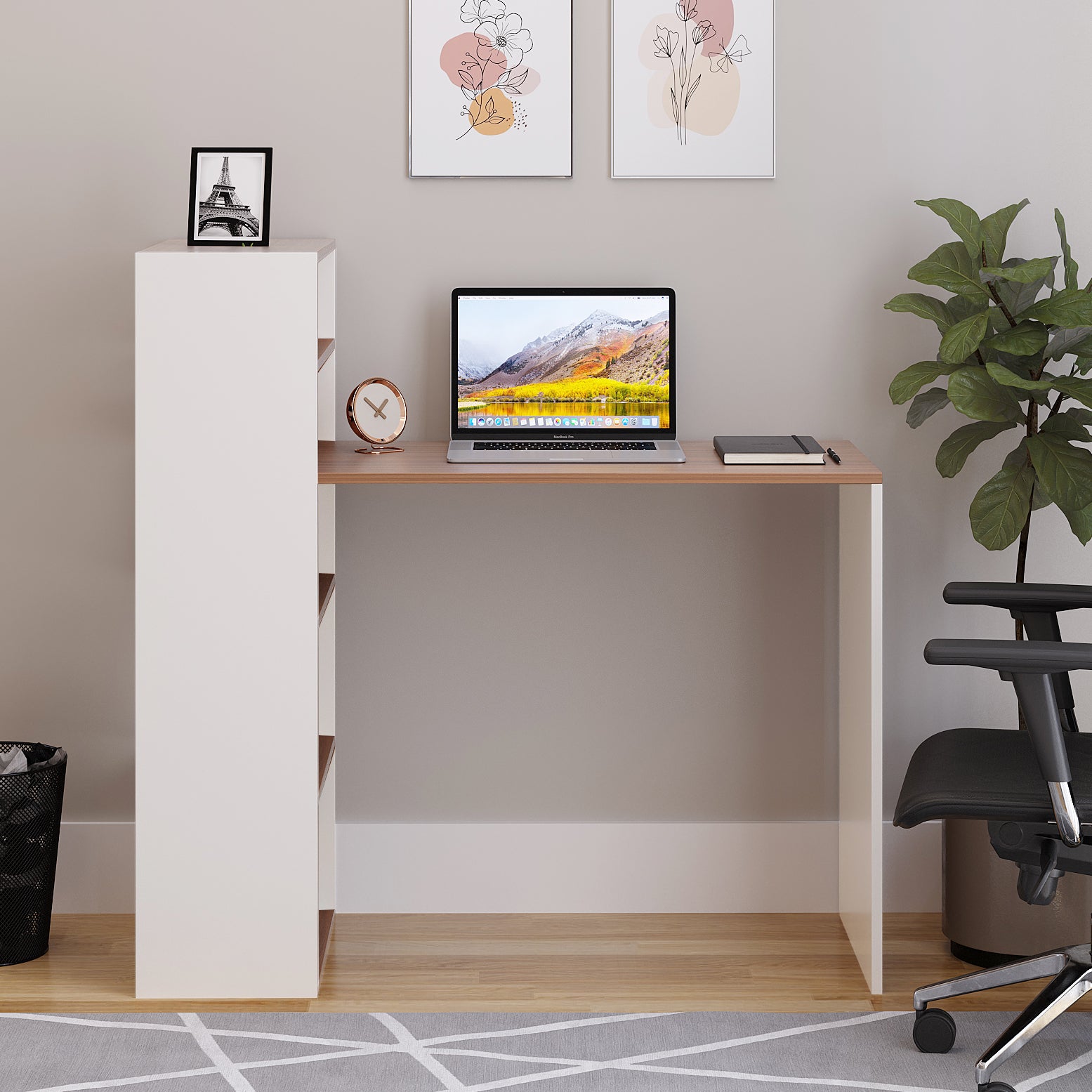 Woodwider Remi Wooden Study Table, Workstation, Computer, Laptop, WFH Office Desk, Gaming Table with Storage,Exotic teak &White