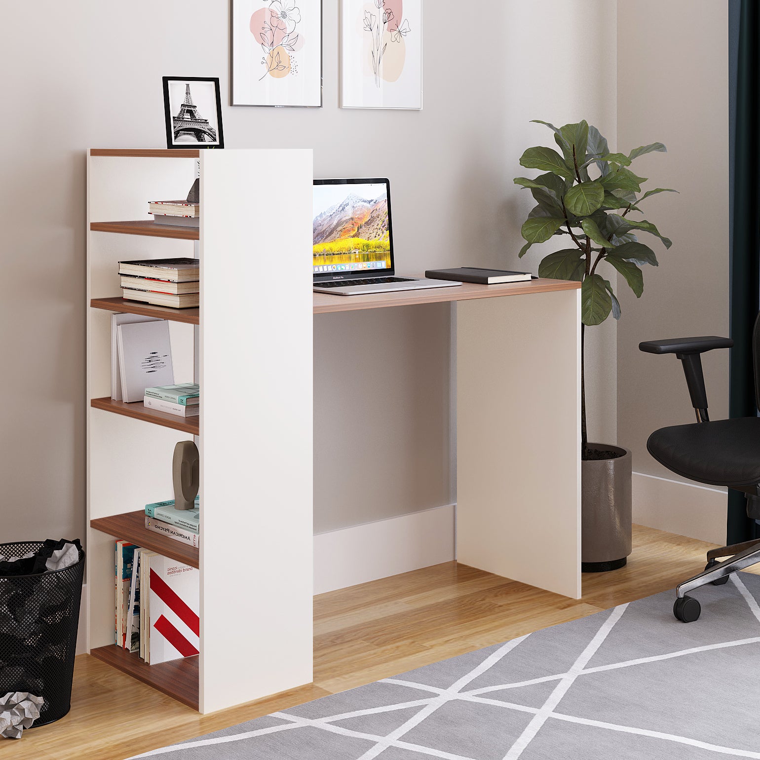 Woodwider Remi Wooden Study Table, Workstation, Computer, Laptop, WFH Office Desk, Gaming Table with Storage,Exotic teak &White