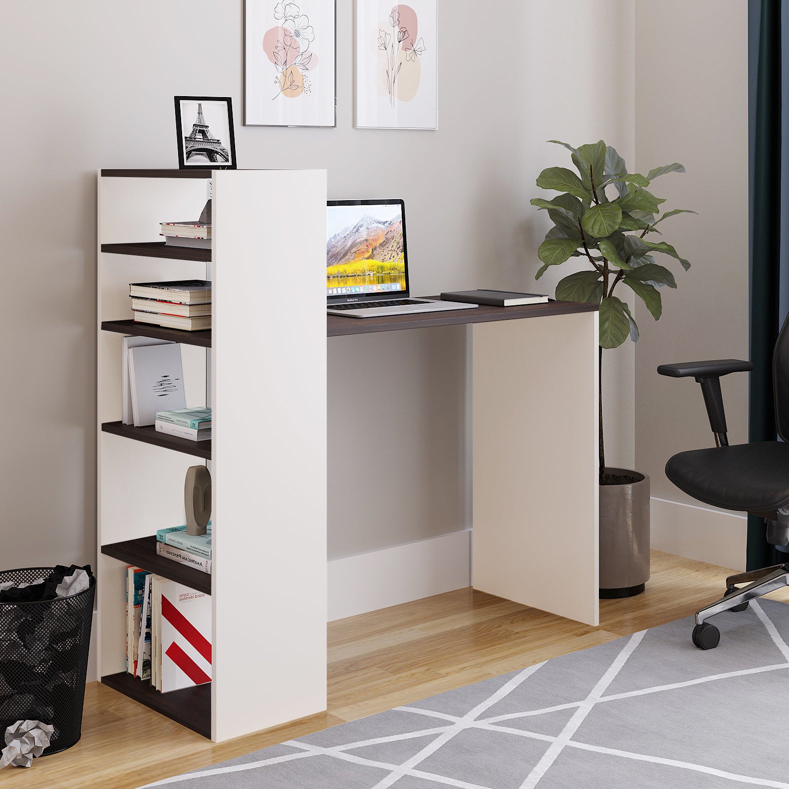 WOODWIDER Remi Wooden Study Table, Workstation, Computer, Laptop, WFH Office Desk, Gaming Table with Storage, Wenge & White