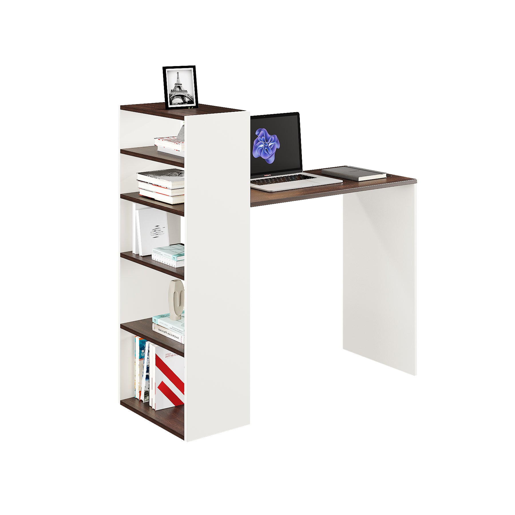 WOODWIDER Remi Wooden Study Table, Workstation, Computer, Laptop, WFH Office Desk, Gaming Table with Storage, Wenge & White