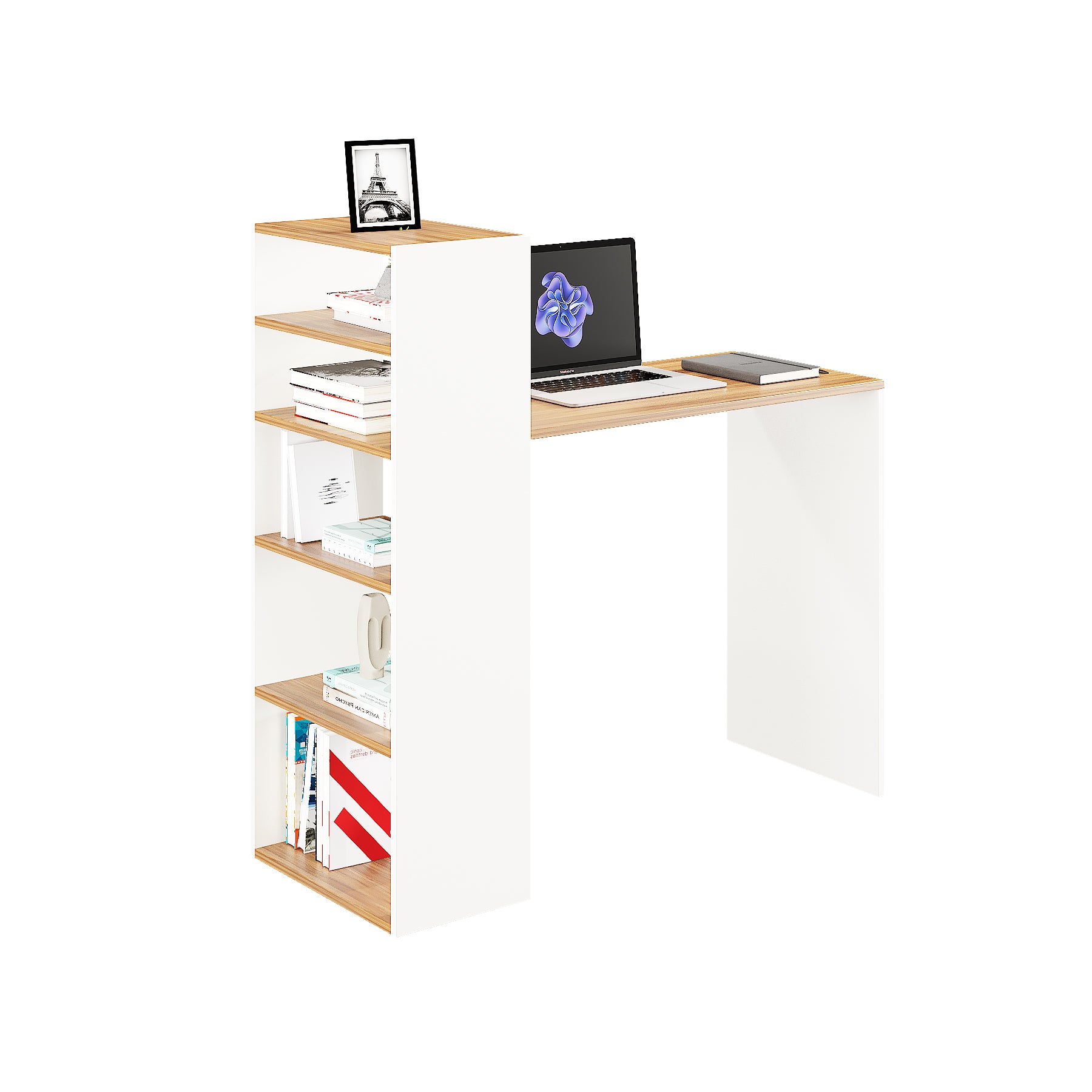 Woodwider Remi Wooden Study Table, Workstation, Computer, Laptop, WFH Office Desk, Gaming Table with Storage,Exotic teak &White