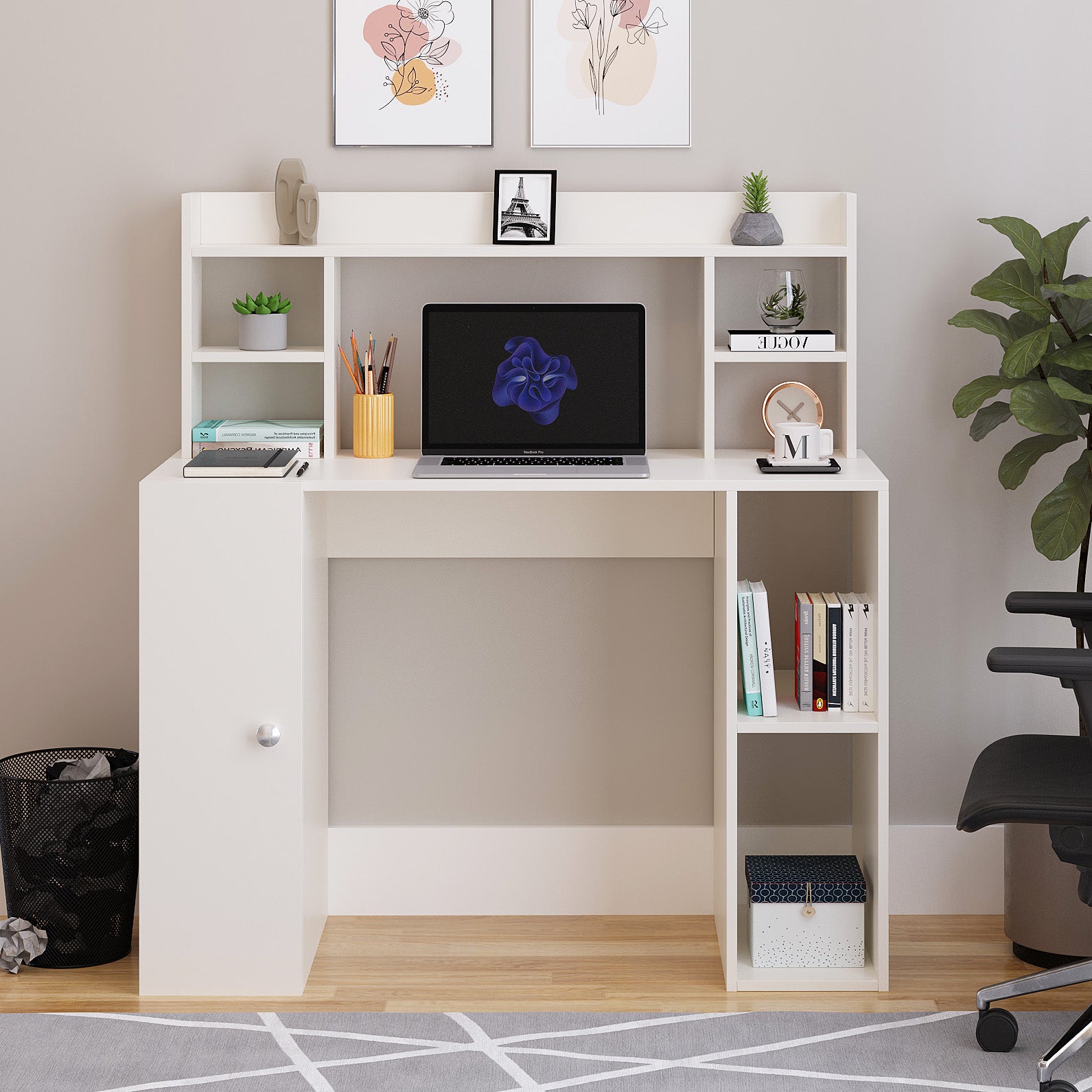 WOODWIDER Ximena Wooden Study Table, Workstation, Computer, Laptop, WFH Office Desk, Gaming Table with Storage, White