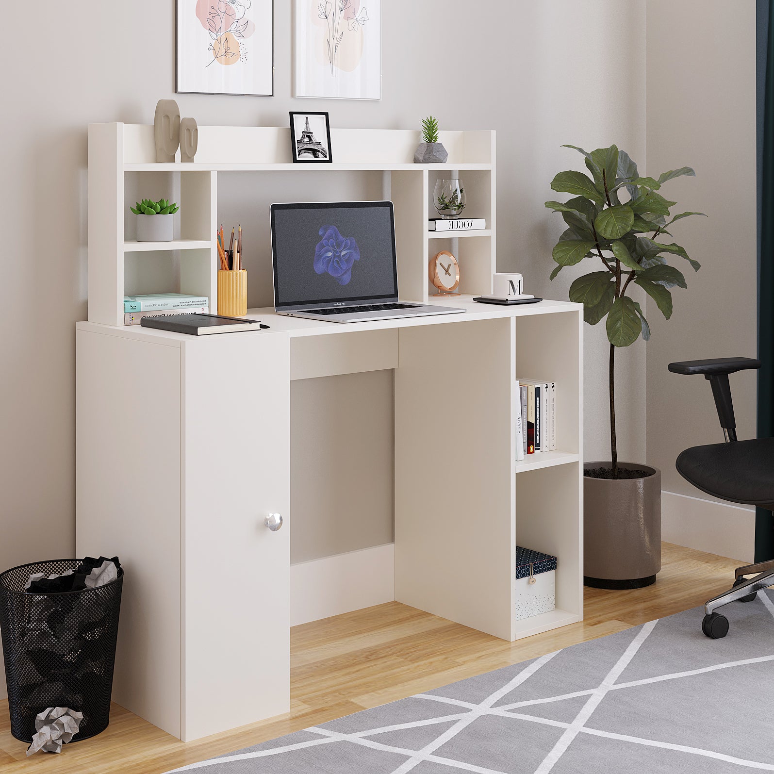 WOODWIDER Ximena Wooden Study Table, Workstation, Computer, Laptop, WFH Office Desk, Gaming Table with Storage, White