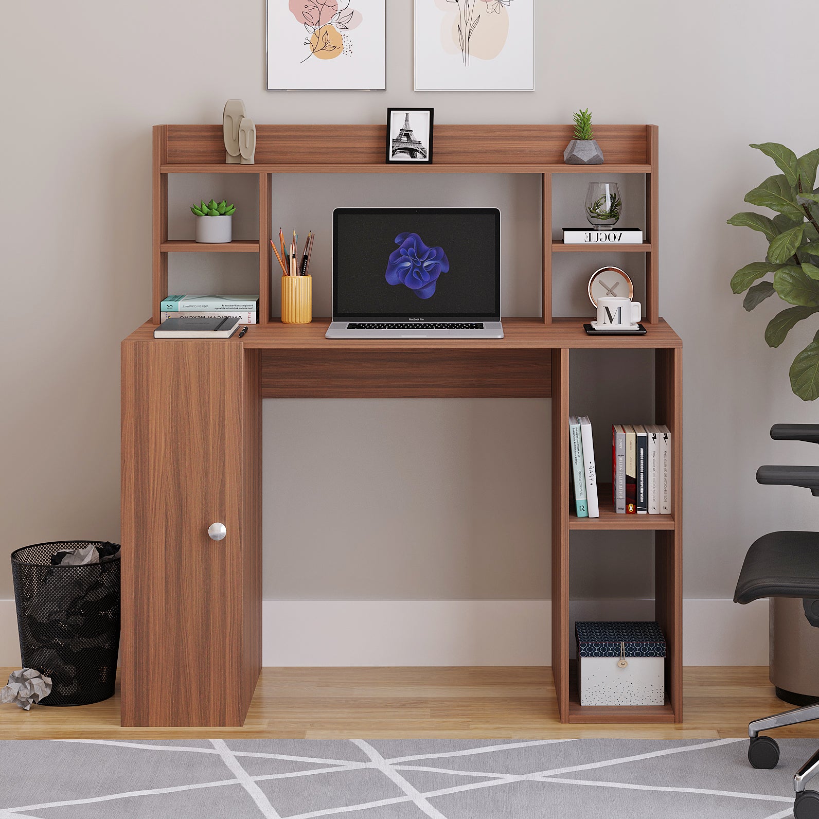 Woodwider Ximena Wooden Study Table, Workstation, Computer, Laptop, WFH Office Desk, Gaming Table with Storage, Exotic Teak