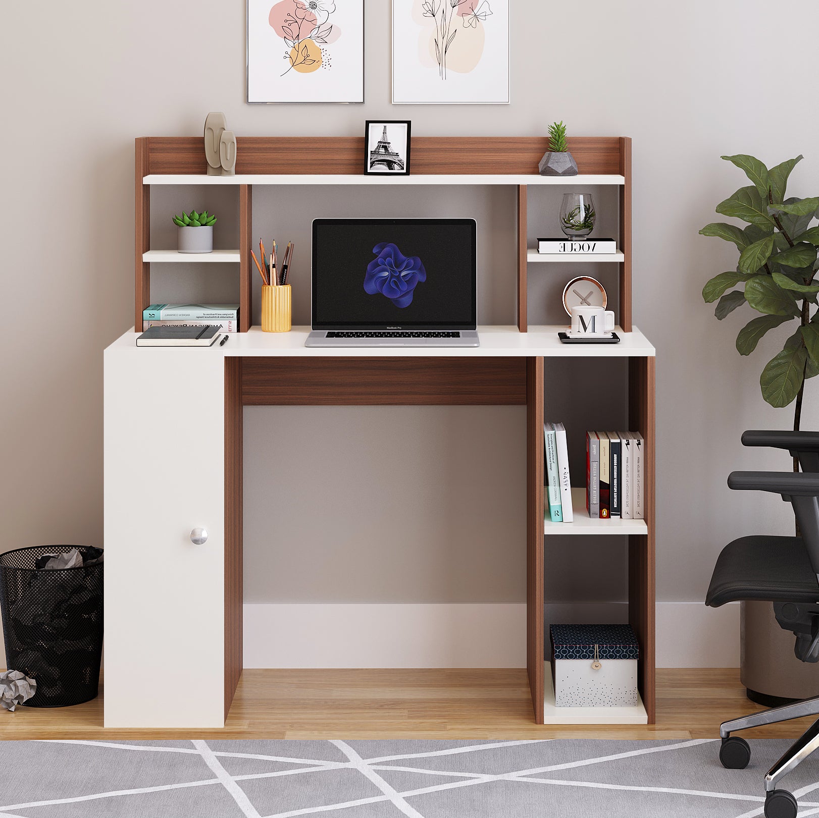 WOODWIDER Ximena Wooden Study Table, Workstation, Computer, Laptop, WFH Office Desk, Gaming Table with Storage, Exotic Teak & White