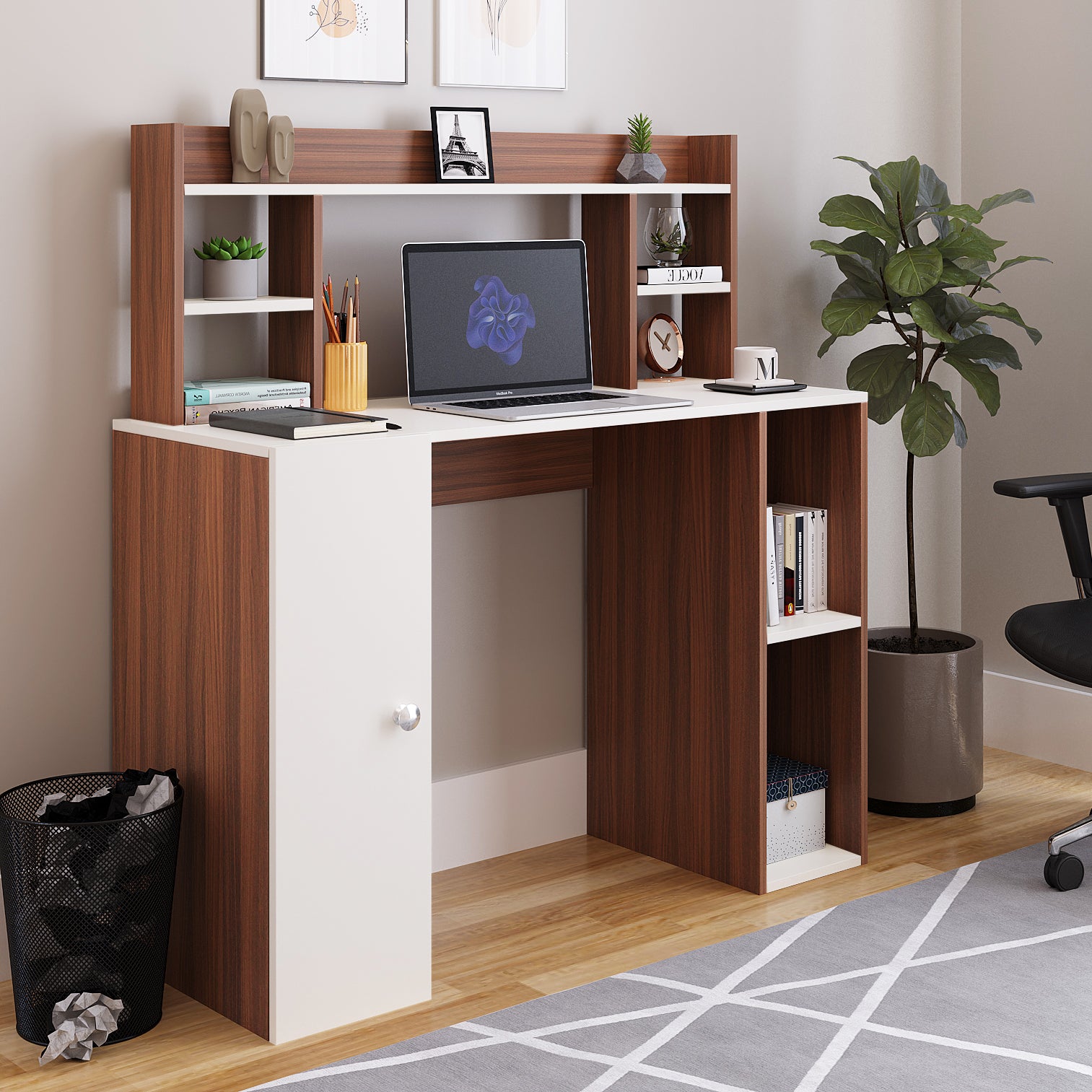 WOODWIDER Ximena Wooden Study Table, Workstation, Computer, Laptop, WFH Office Desk, Gaming Table with Storage, Exotic Teak & White