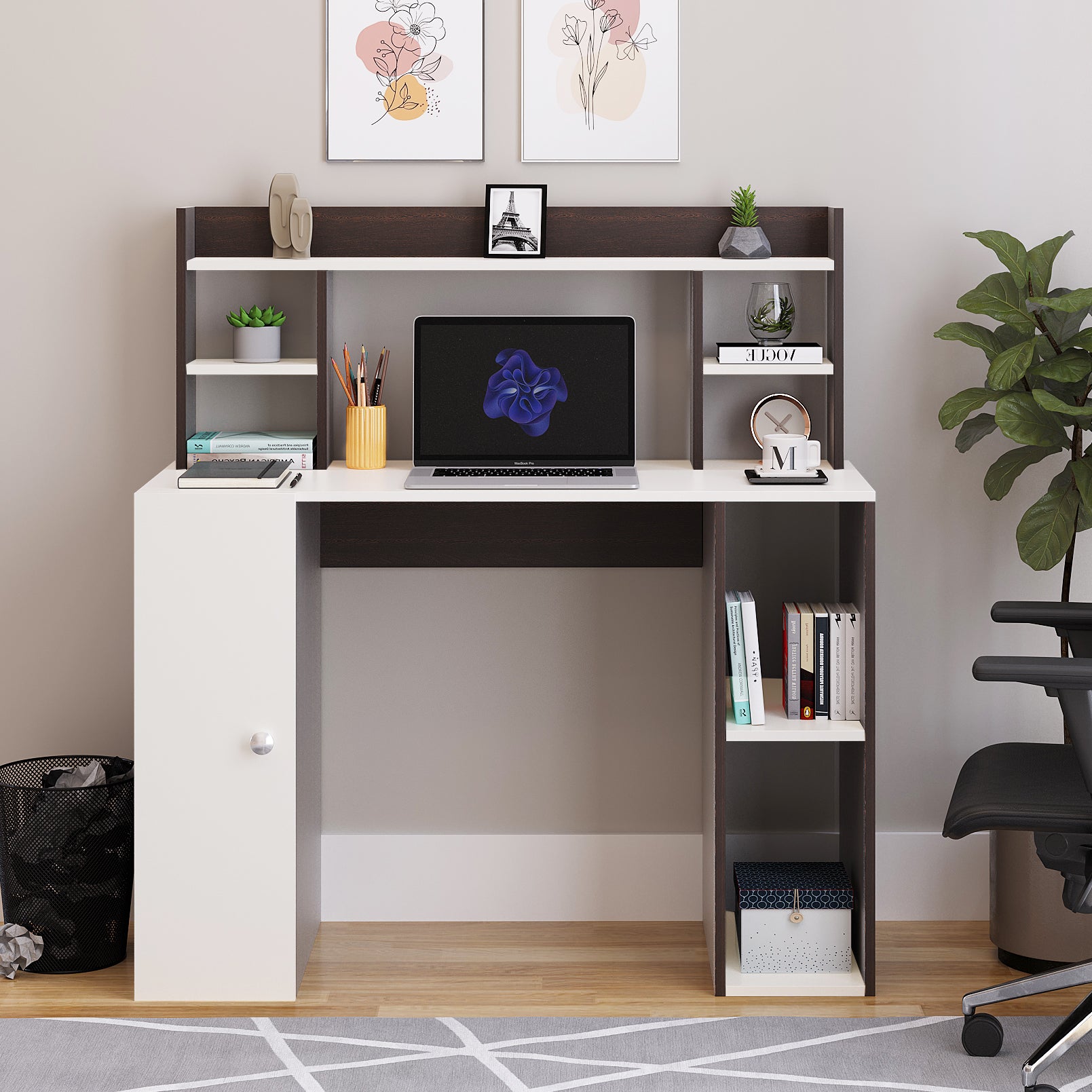 WOODWIDER Ximena Wooden Study Table, Workstation, Computer, Laptop, WFH Office Desk, Gaming Table with Storage, Wenge & White