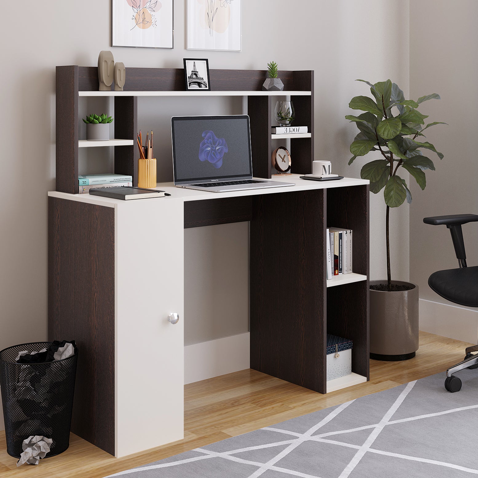 WOODWIDER Ximena Wooden Study Table, Workstation, Computer, Laptop, WFH Office Desk, Gaming Table with Storage, Wenge & White