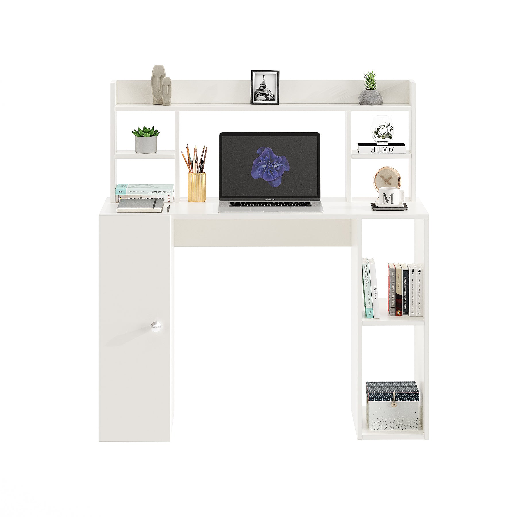 WOODWIDER Ximena Wooden Study Table, Workstation, Computer, Laptop, WFH Office Desk, Gaming Table with Storage, White