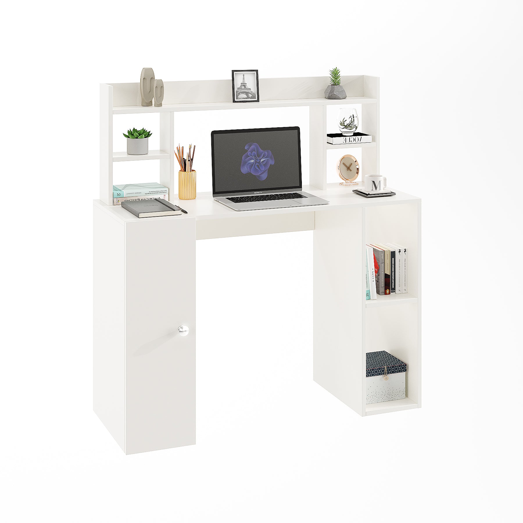 WOODWIDER Ximena Wooden Study Table, Workstation, Computer, Laptop, WFH Office Desk, Gaming Table with Storage, White